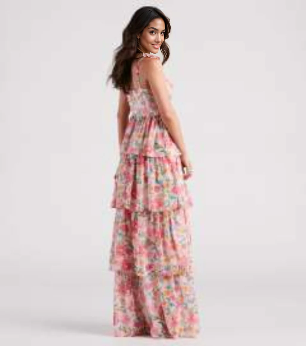 Sheryl Formal Floral Chiffon Ruffle Dress