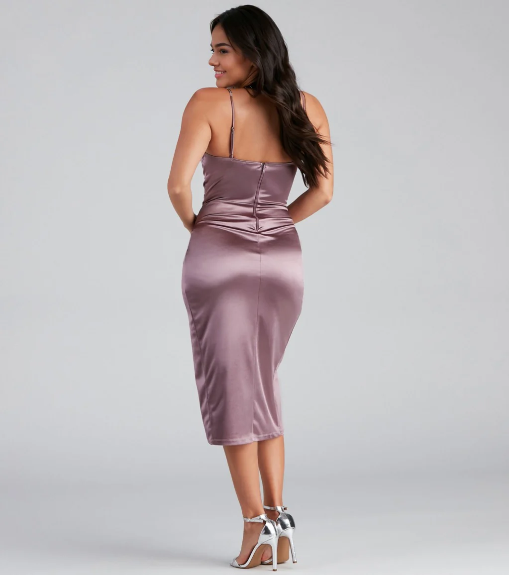 Formal Satin Wrap Midi Dress
