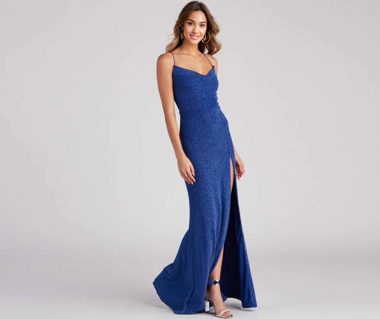 Cowl Neck Metallic Glitter Formal Dress