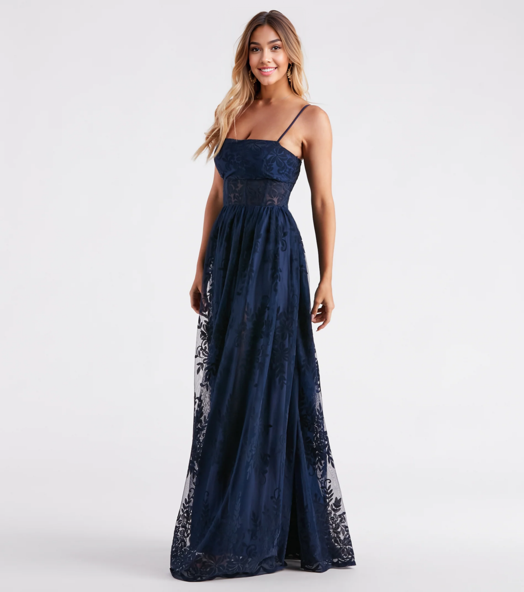 Carmelle Formal Flocked Mesh A-Line Dress