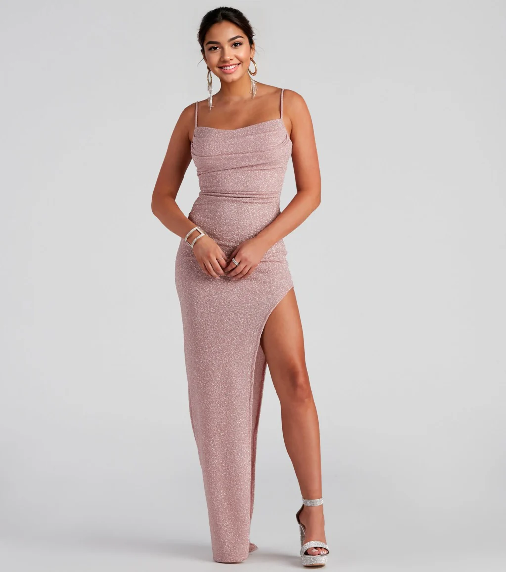 Formal High Slit Glitzy Glitter Dress