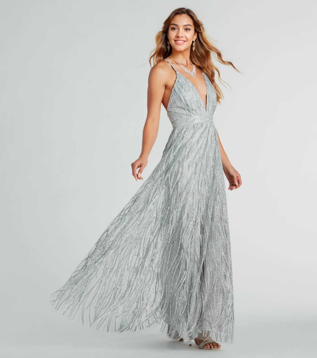 Formal Glitter Tulle A-Line Long Dress