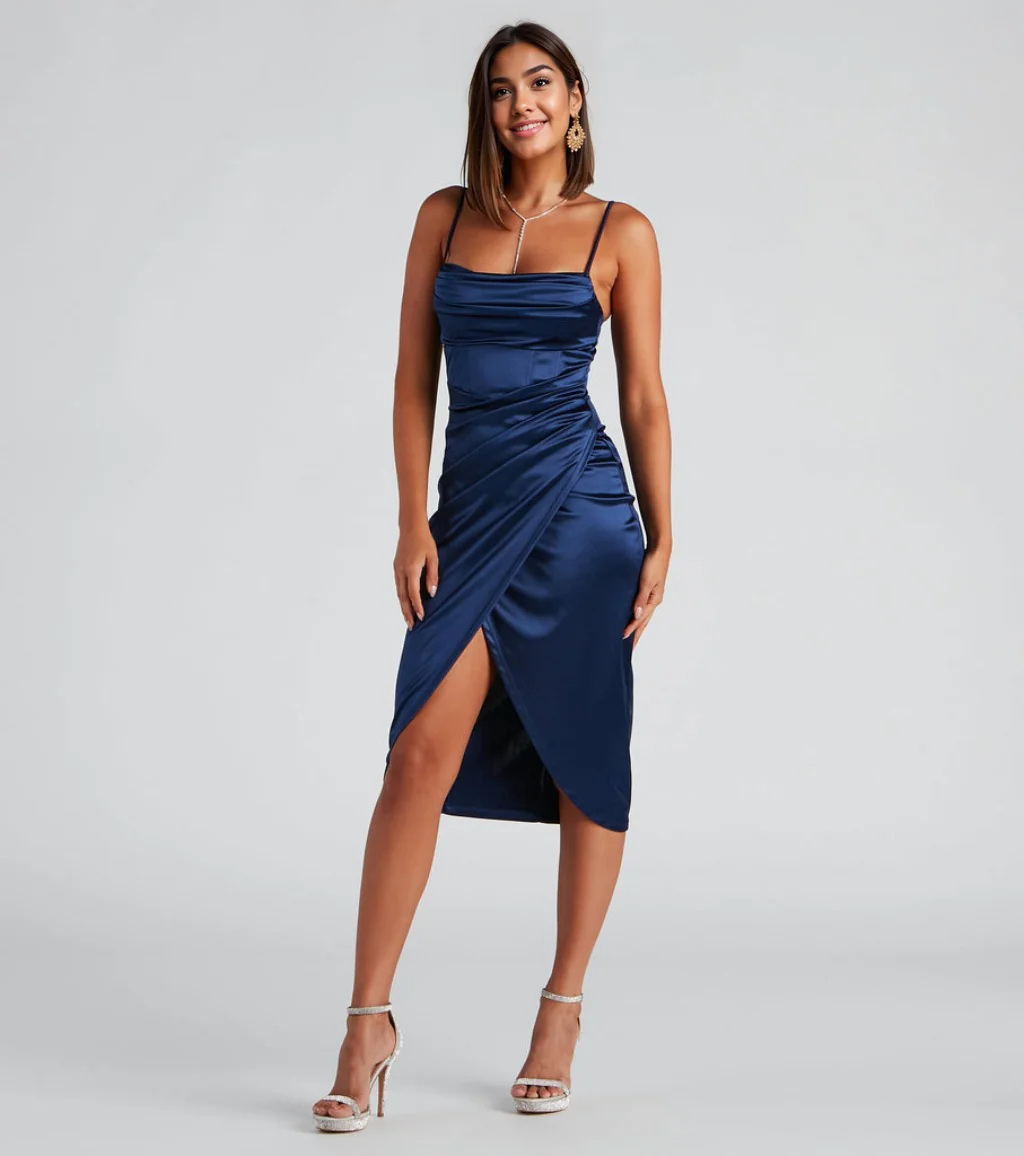 Formal Satin Wrap Midi Dress