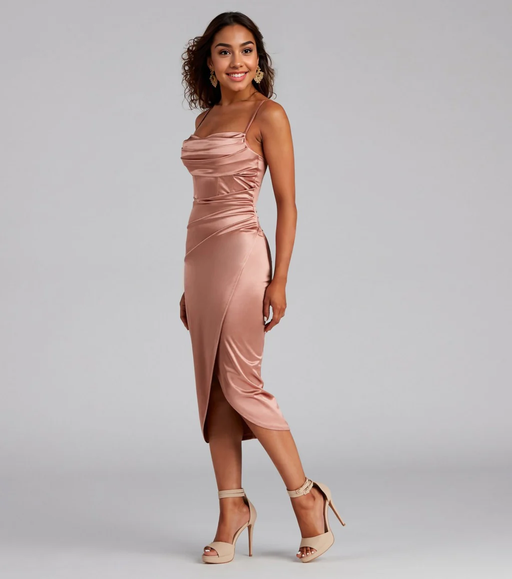 Formal Satin Wrap Midi Dress