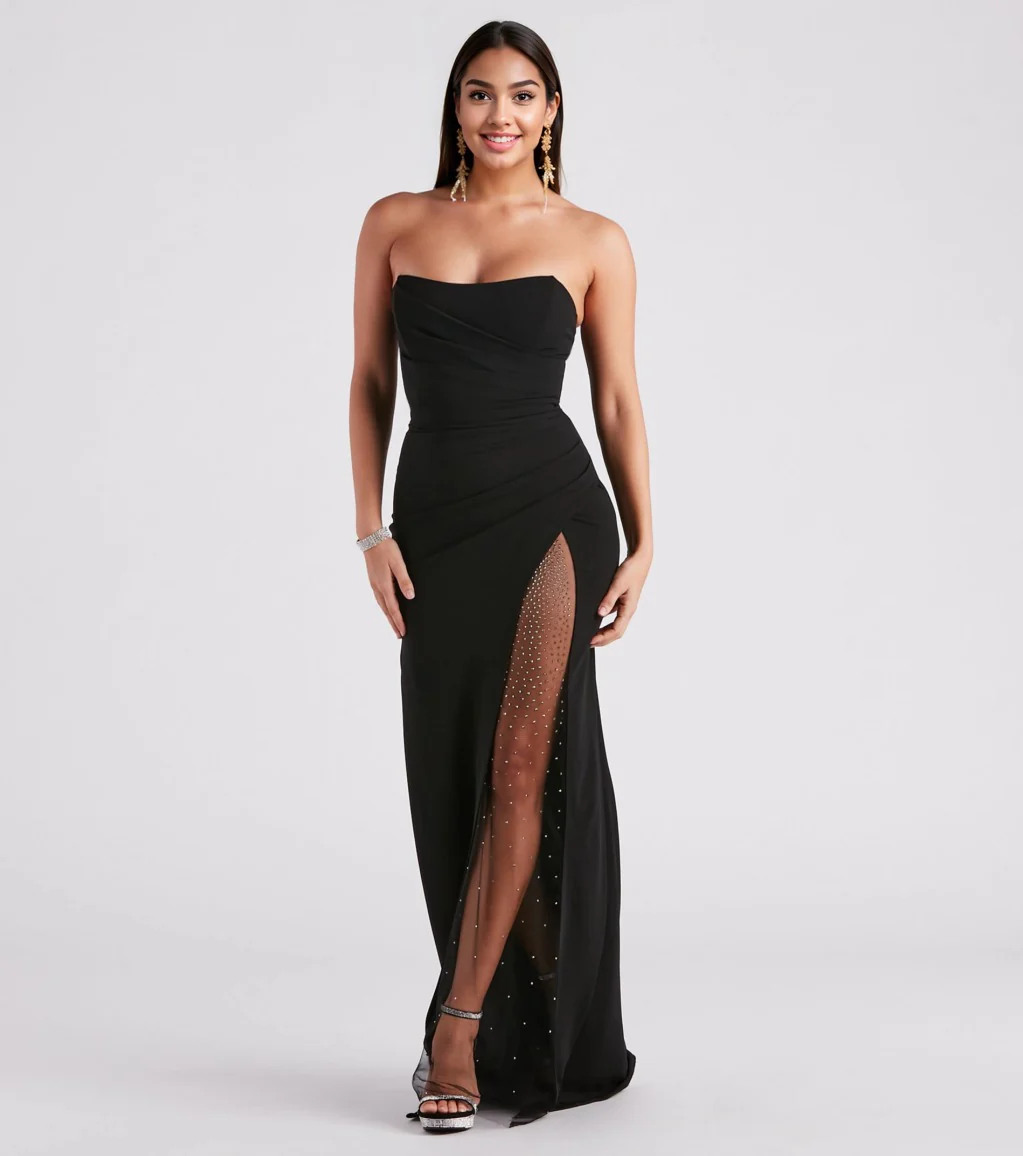 High Slit Rhinestone Mesh Formal Dress
