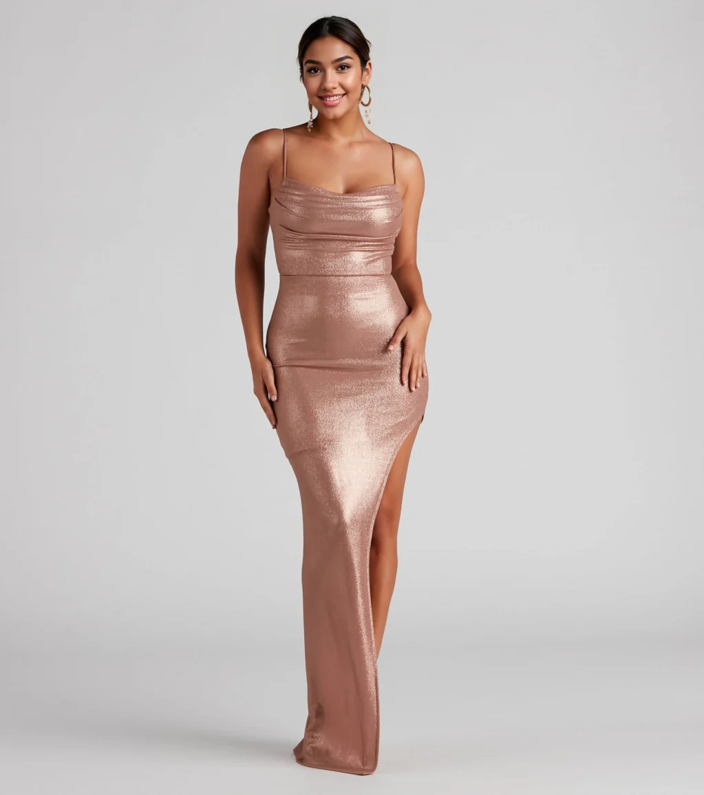 Formal High Slit Glitzy Glitter Dress
