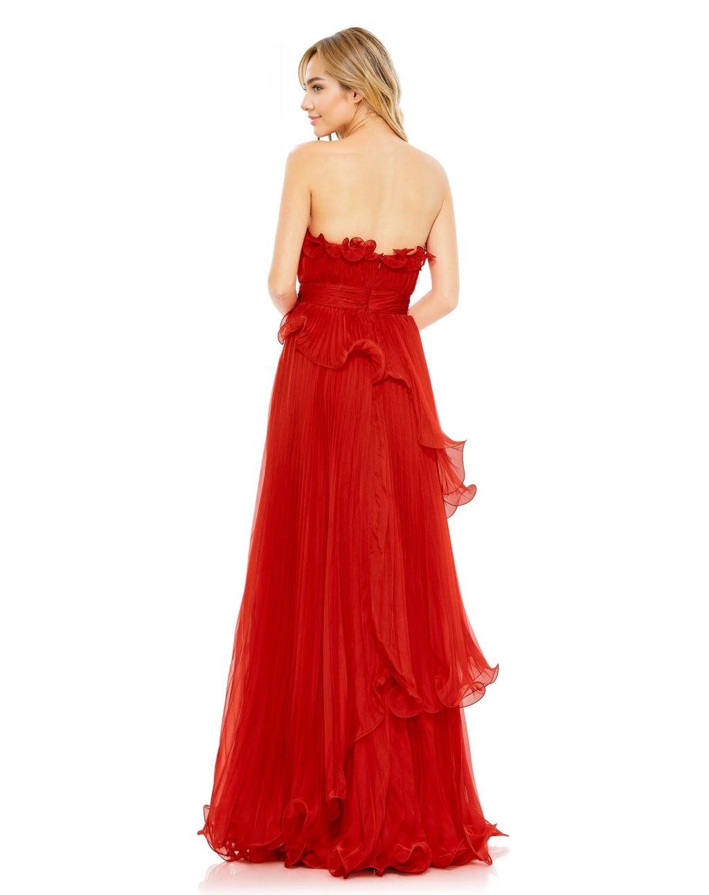 Pleated Tiered Ruffled Strapless Gown
