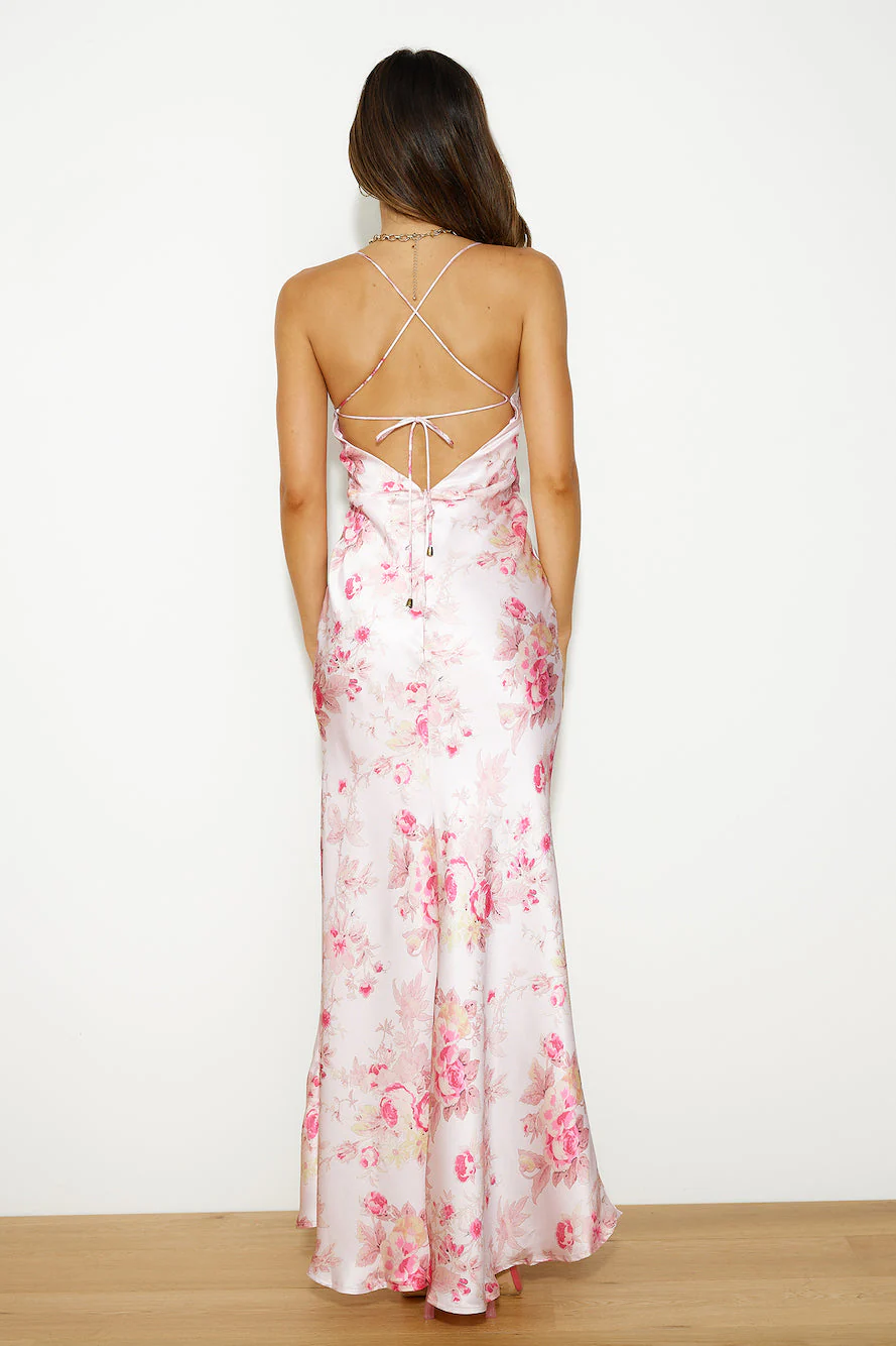 Blooming Passions Satin Maxi Dress Pink