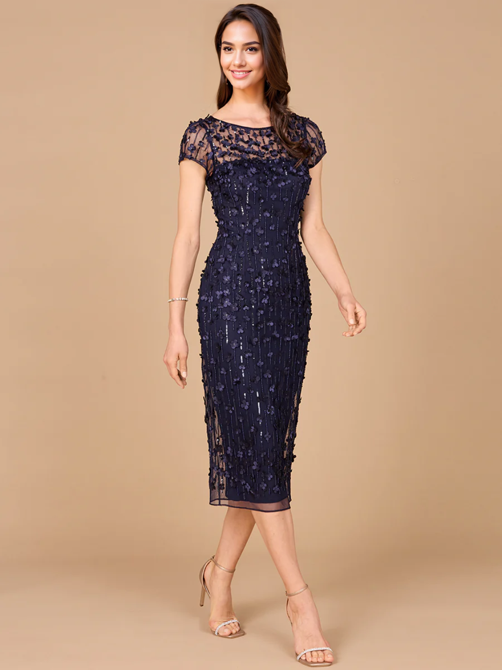 Applique Midi Dress with Cap Sleeves