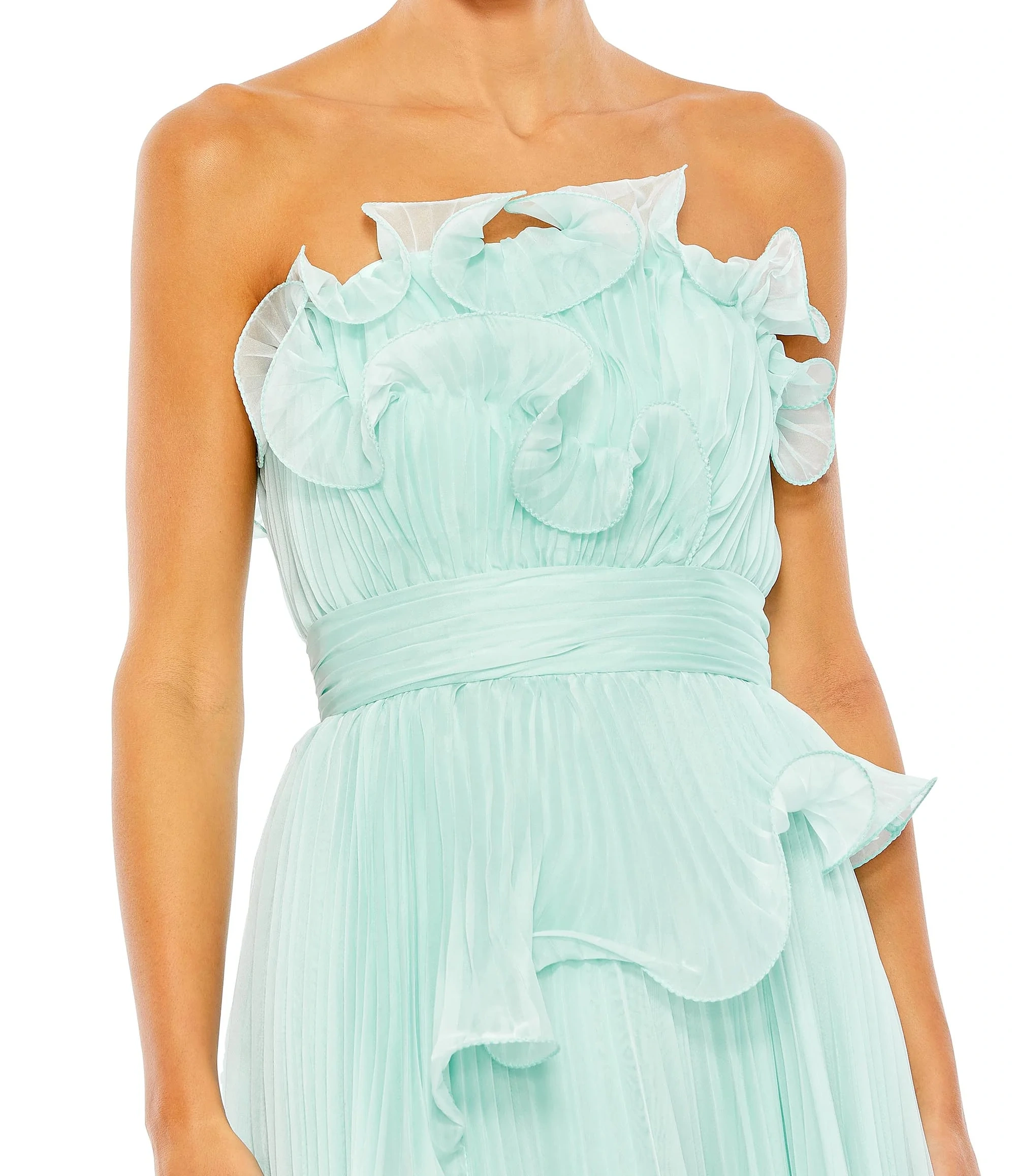 Pleated Tiered Ruffled Strapless Gown