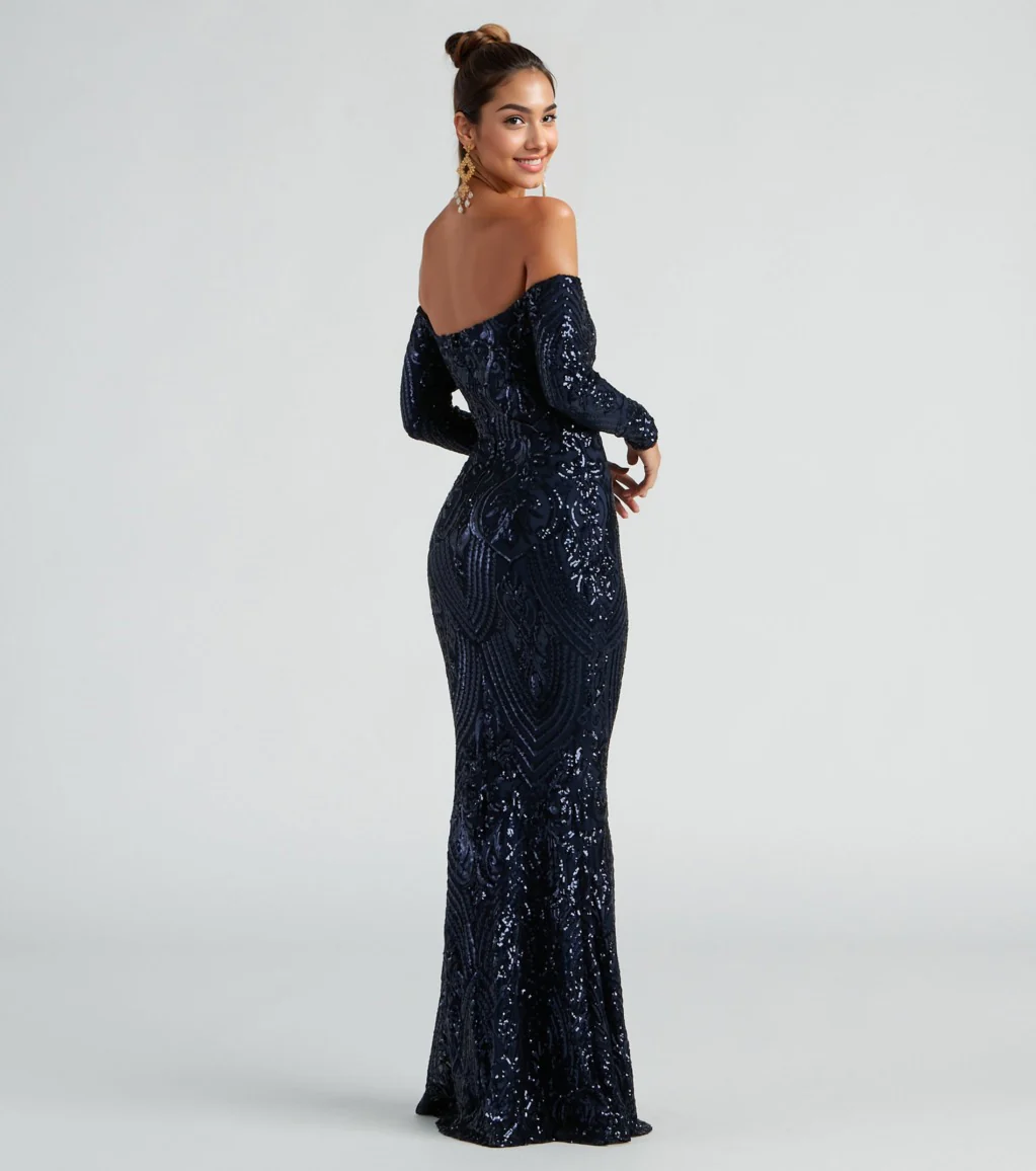 Sierra Sequin Off The Shoulder Formal Dress