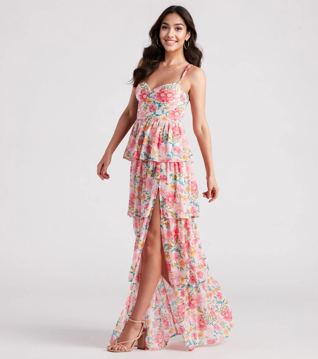 Sheryl Formal Floral Chiffon Ruffle Dress