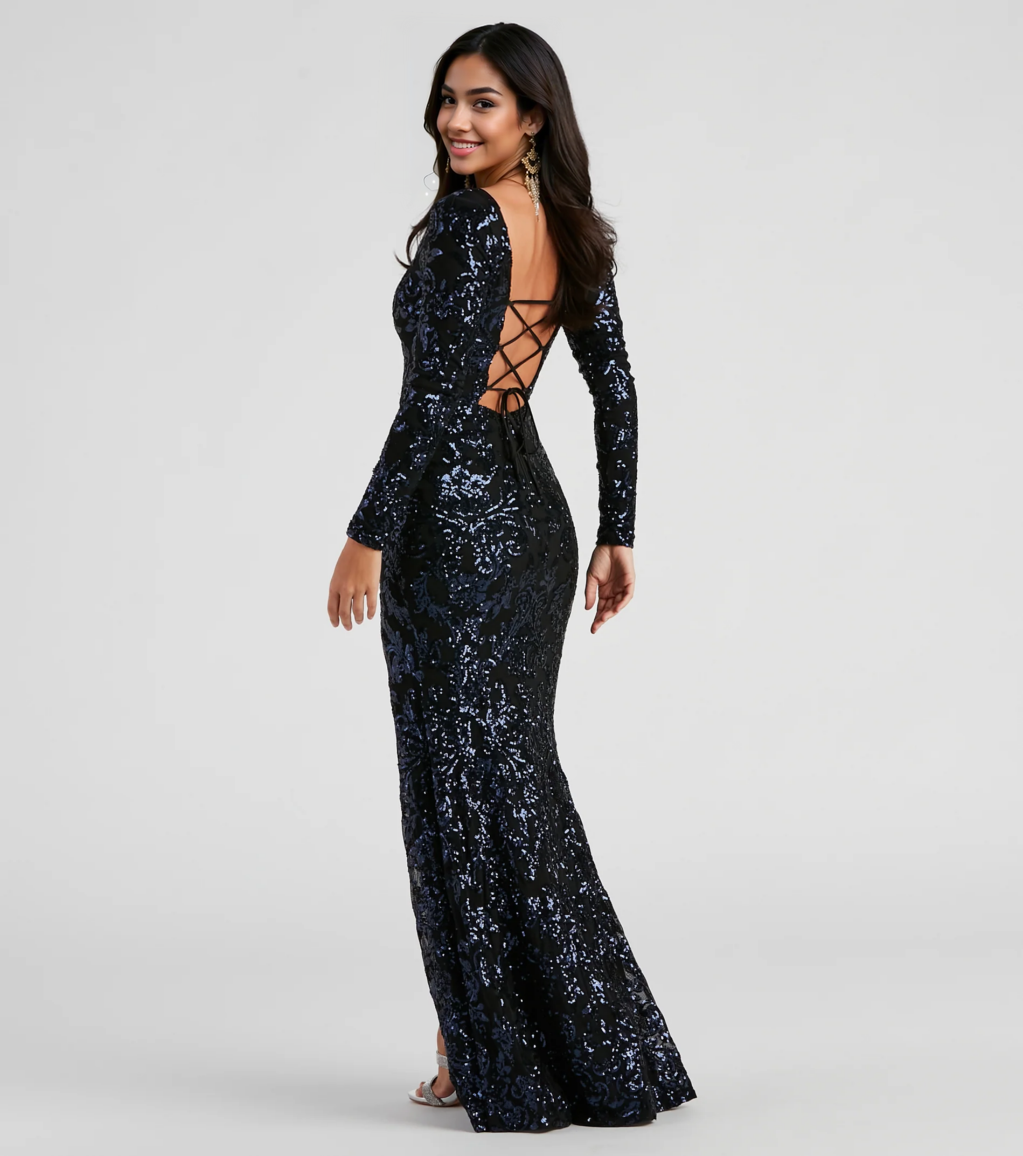 Formal Sequin Lace-Up Dress