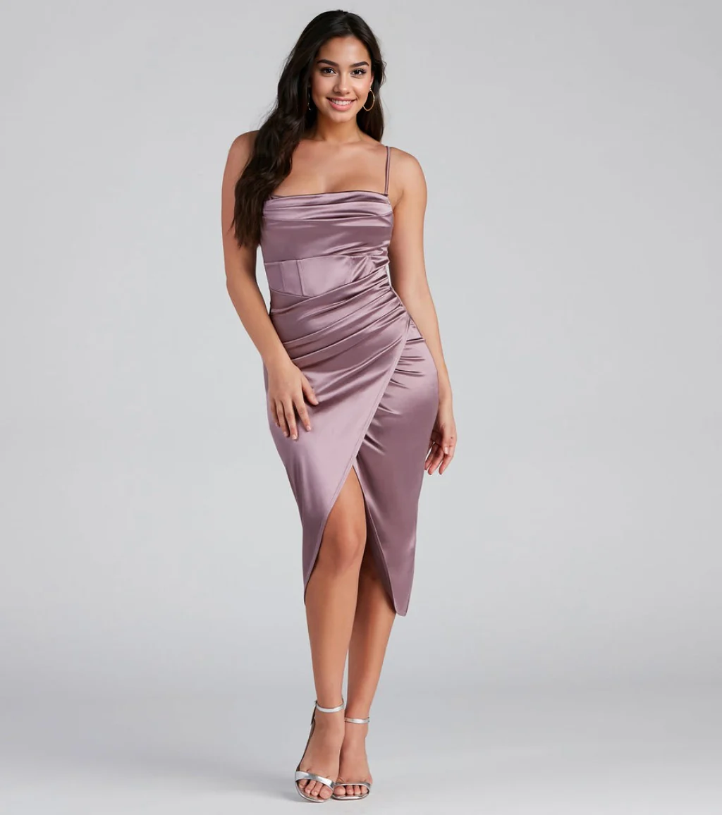Formal Satin Wrap Midi Dress