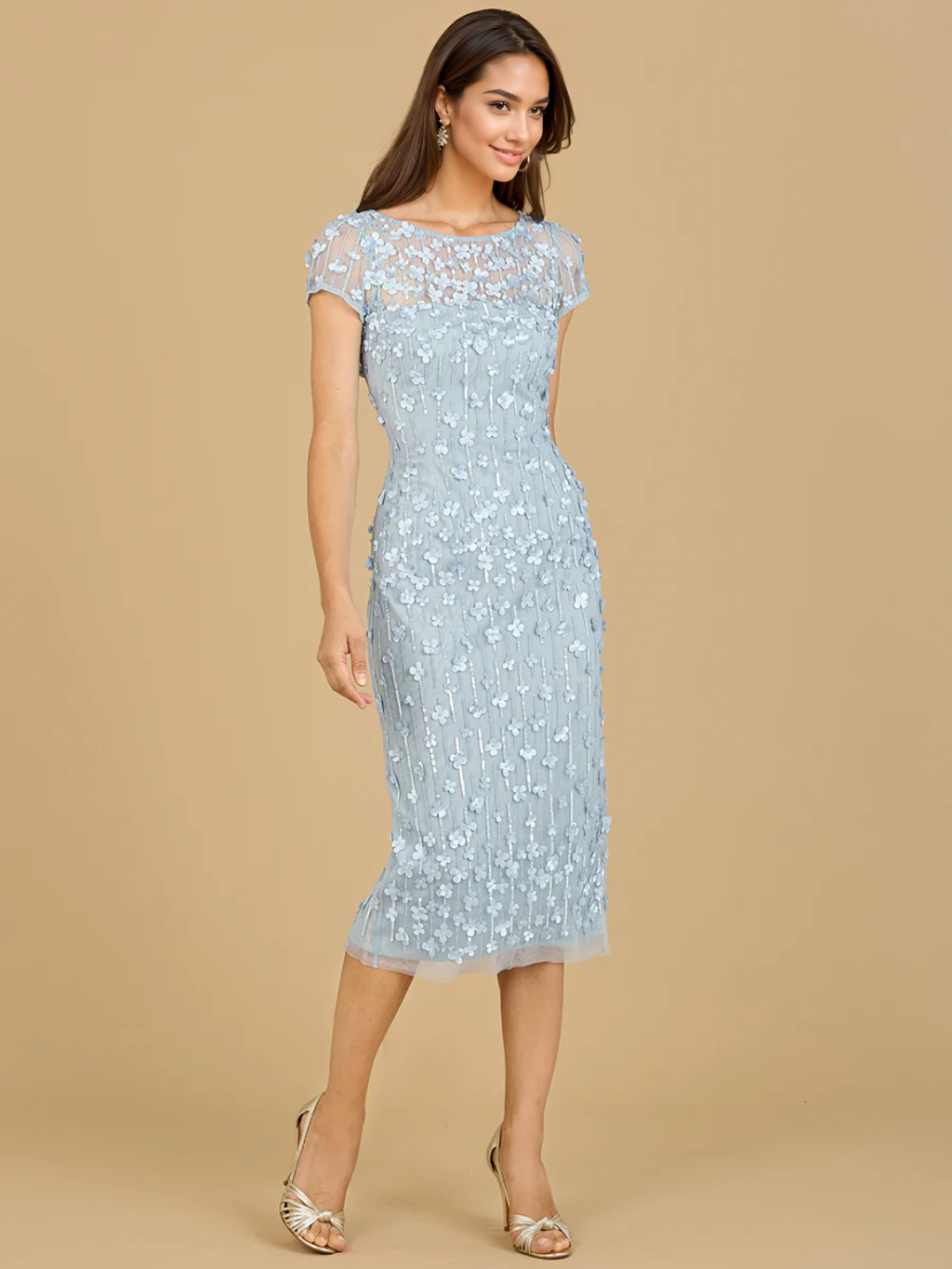Applique Midi Dress with Cap Sleeves