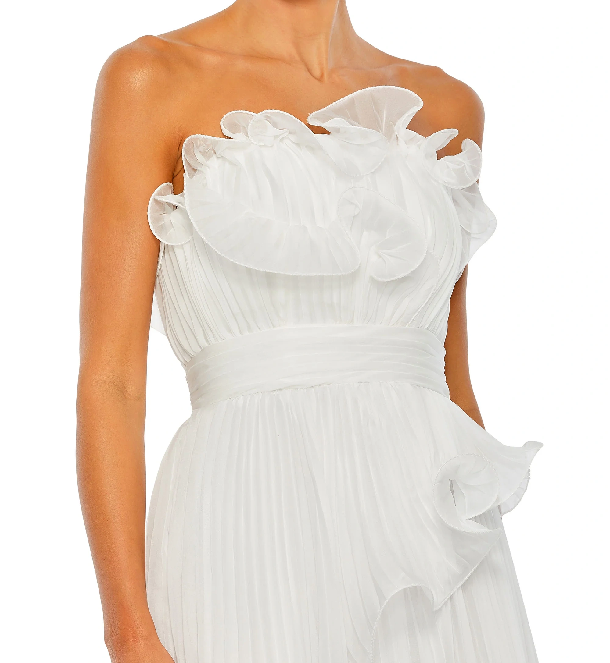 Pleated Tiered Ruffled Strapless Gown