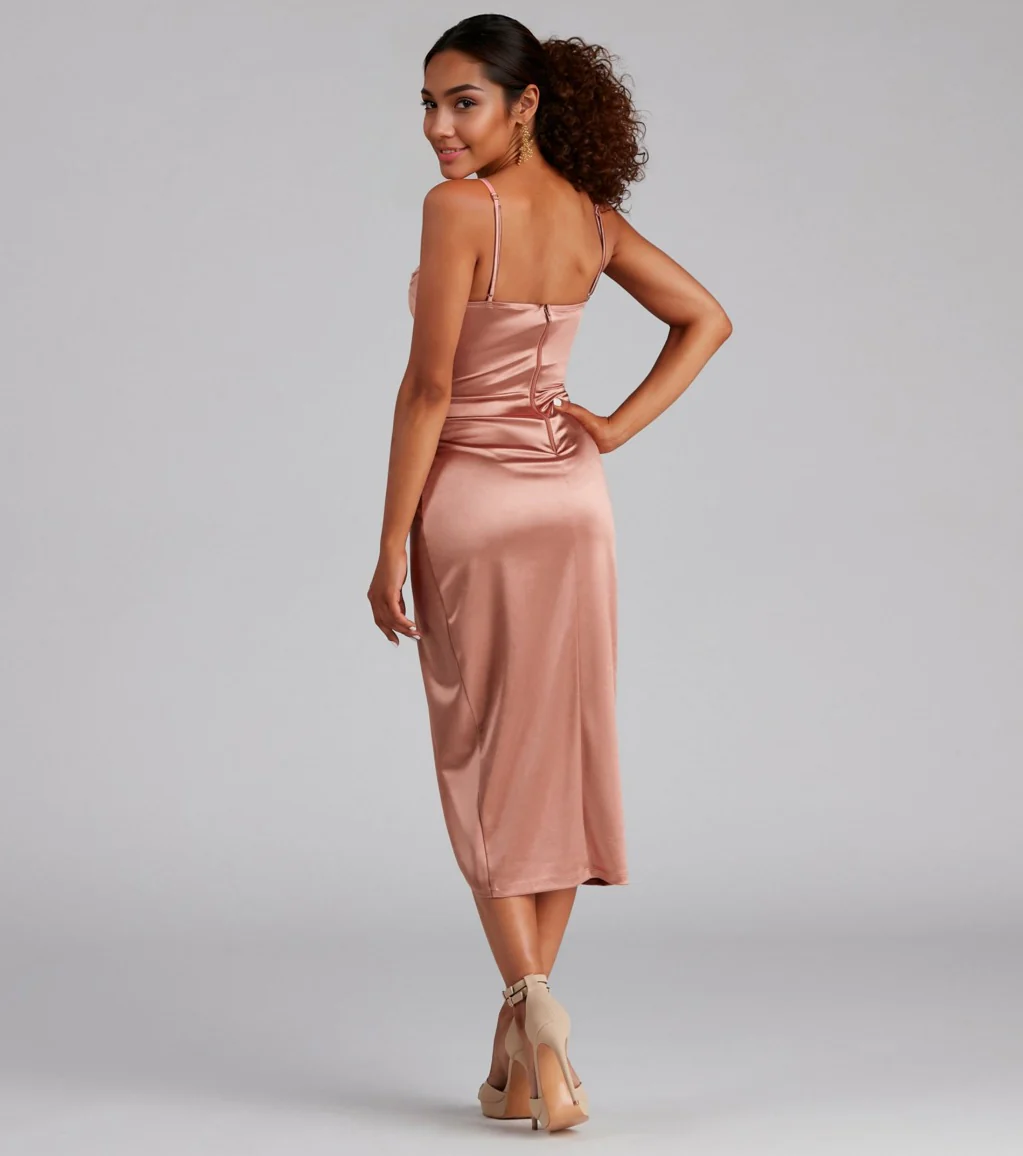 Formal Satin Wrap Midi Dress