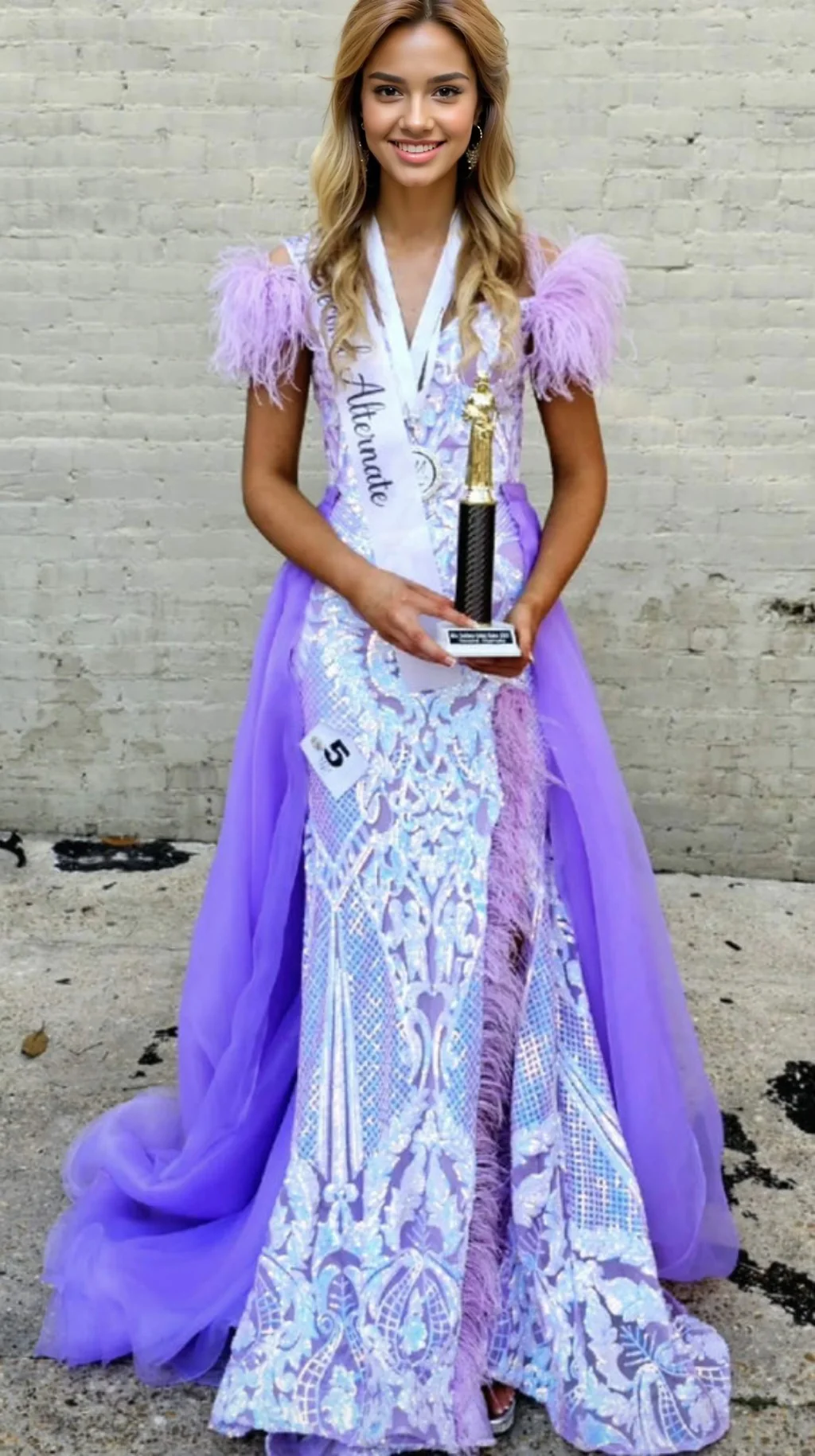 Long Fitted Prom Dress Sequin Lace Off the Shoulder Feather Slit Skirt Train