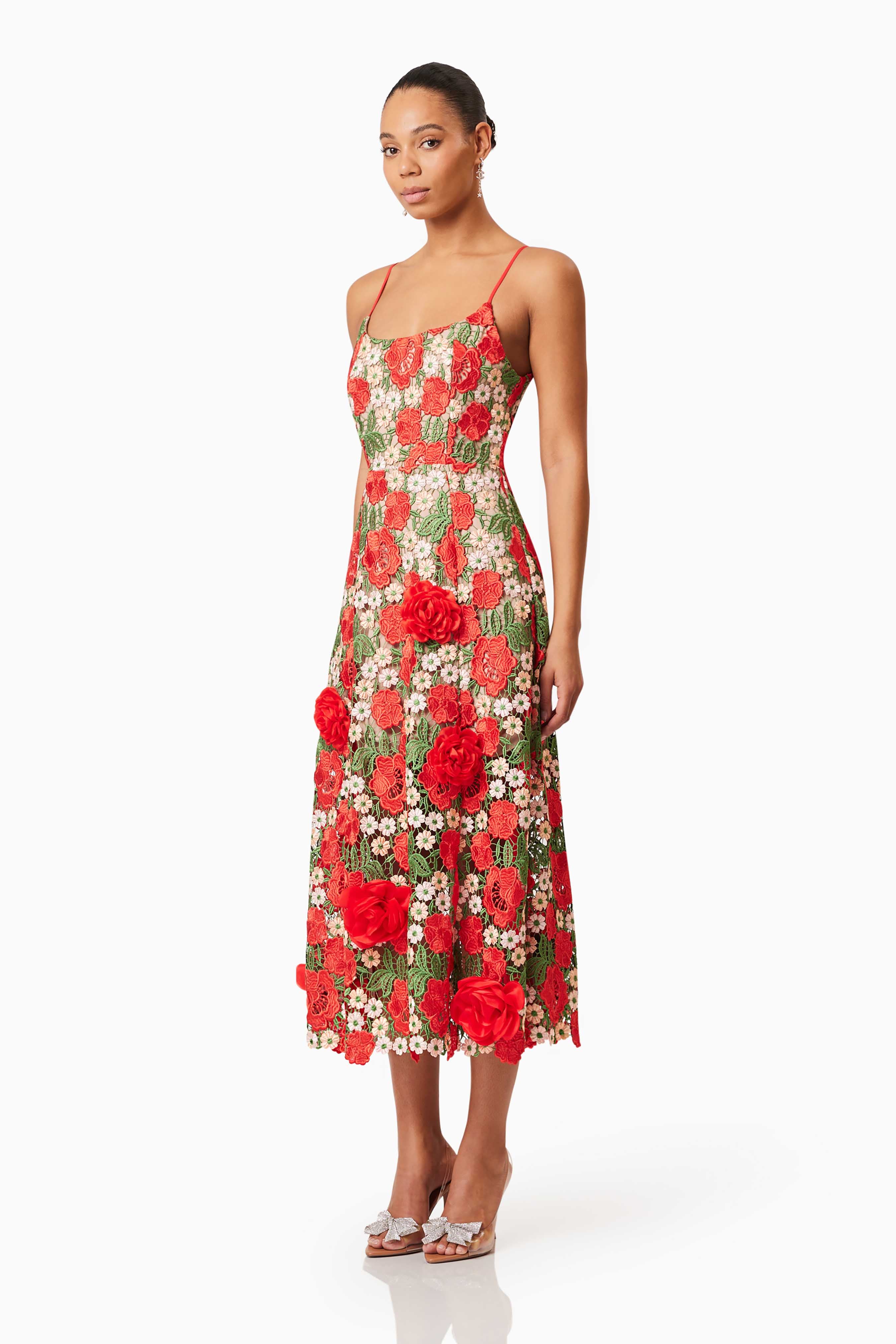Roselyn Embroidered Midi Dress In Red