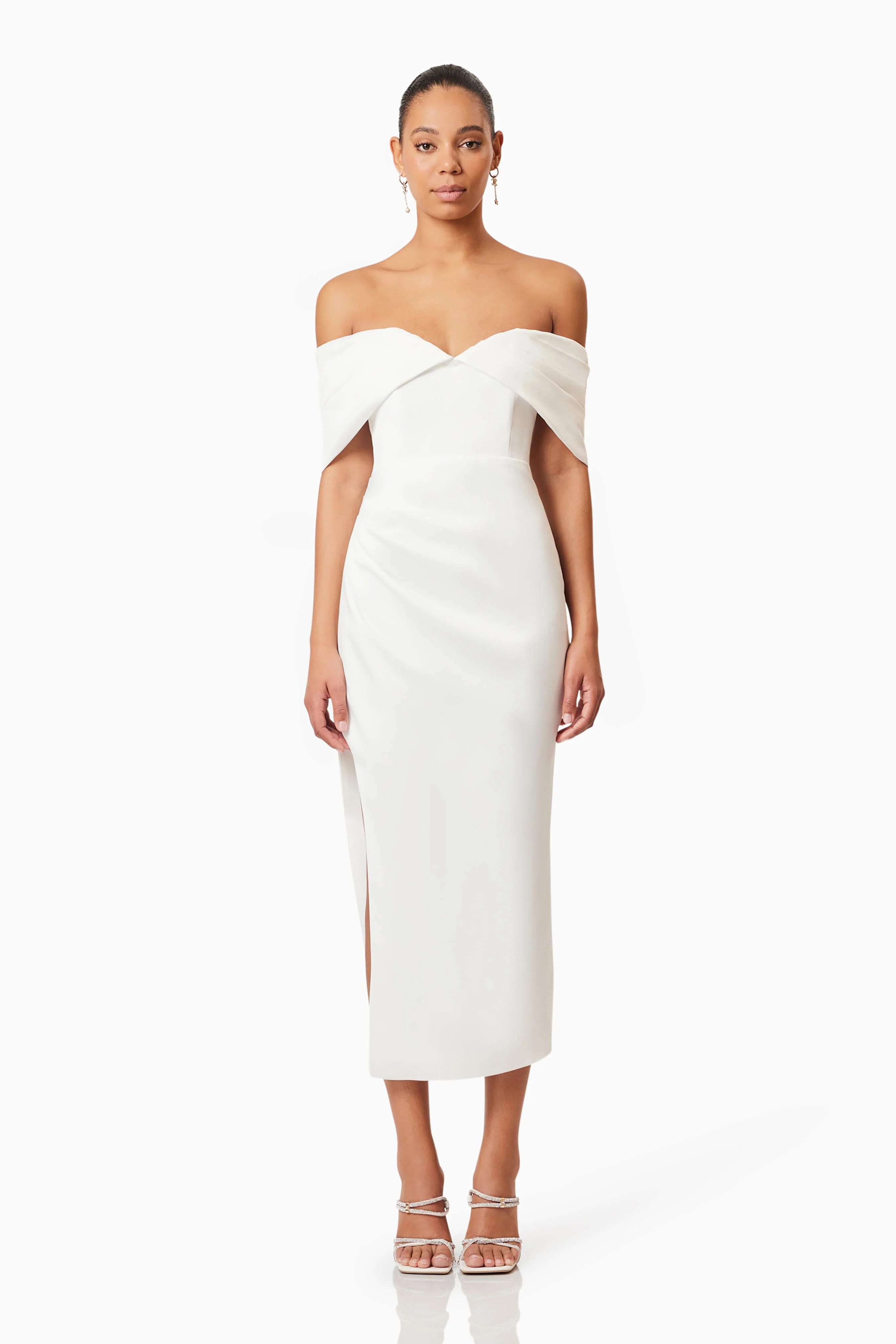 Rose Off The Shoulder Midi Dress In White