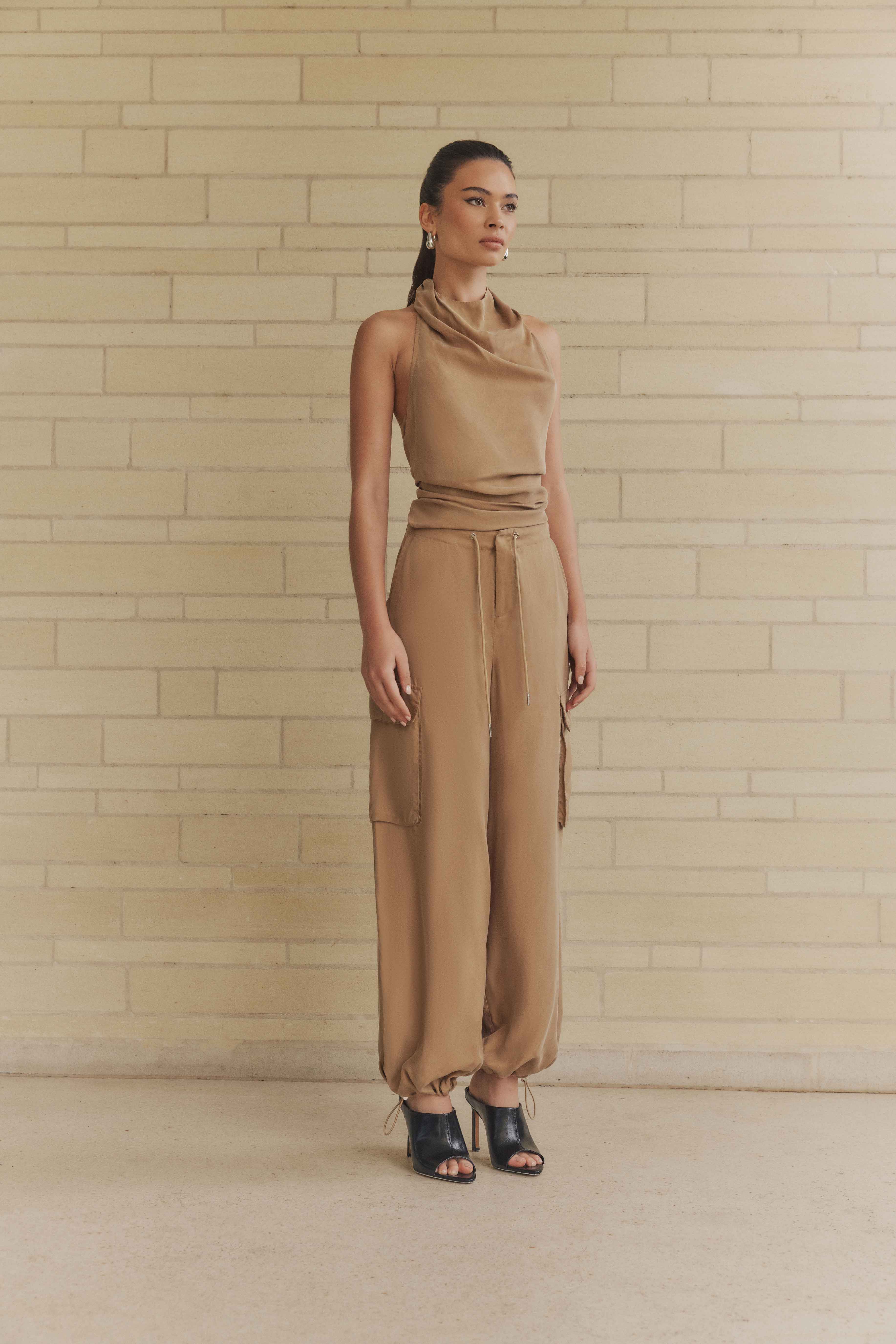 CURAAE Amber Tie Back Halter Cowl Neck Top in Beige