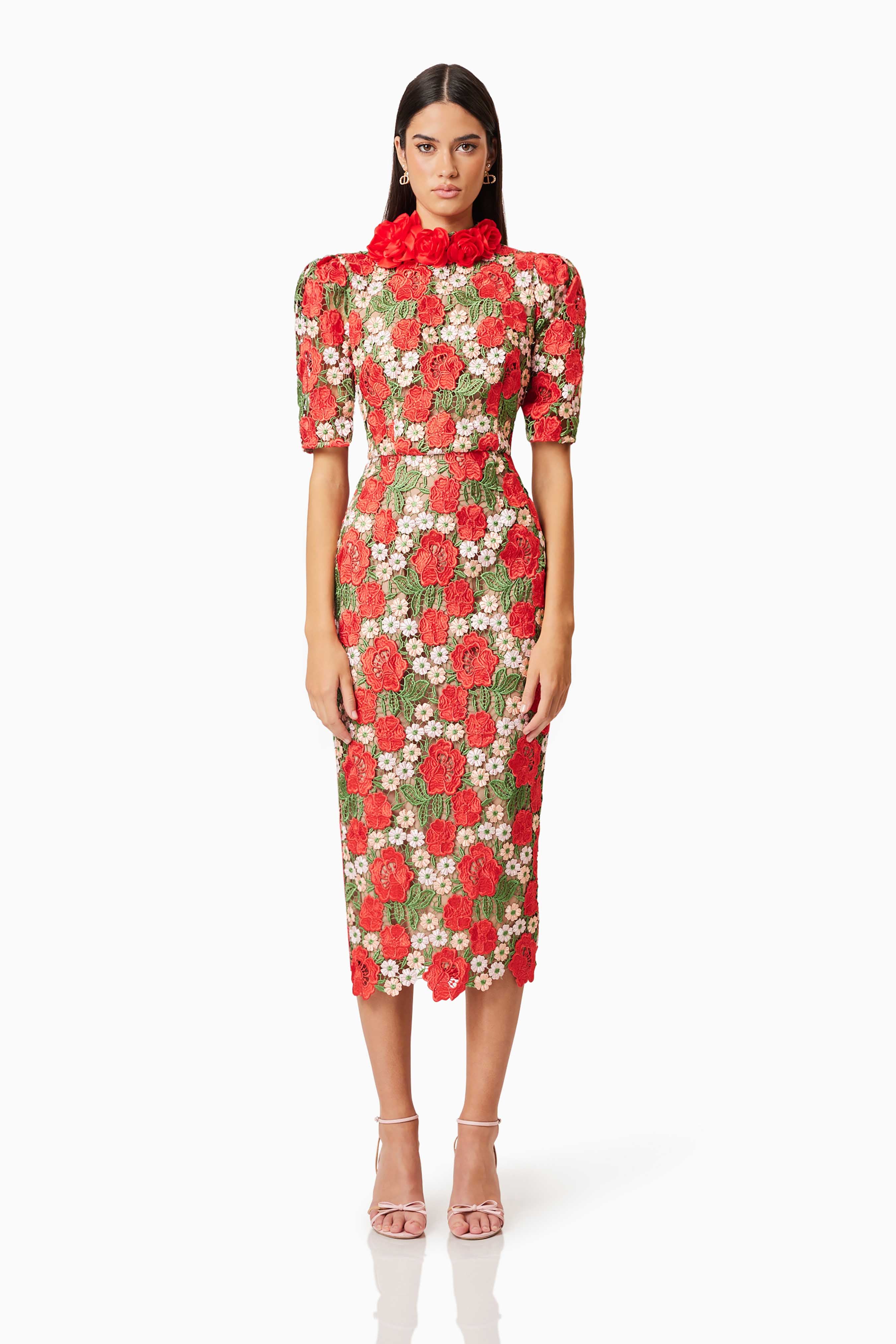 Roselyn Cocktail Midi Dress in Red