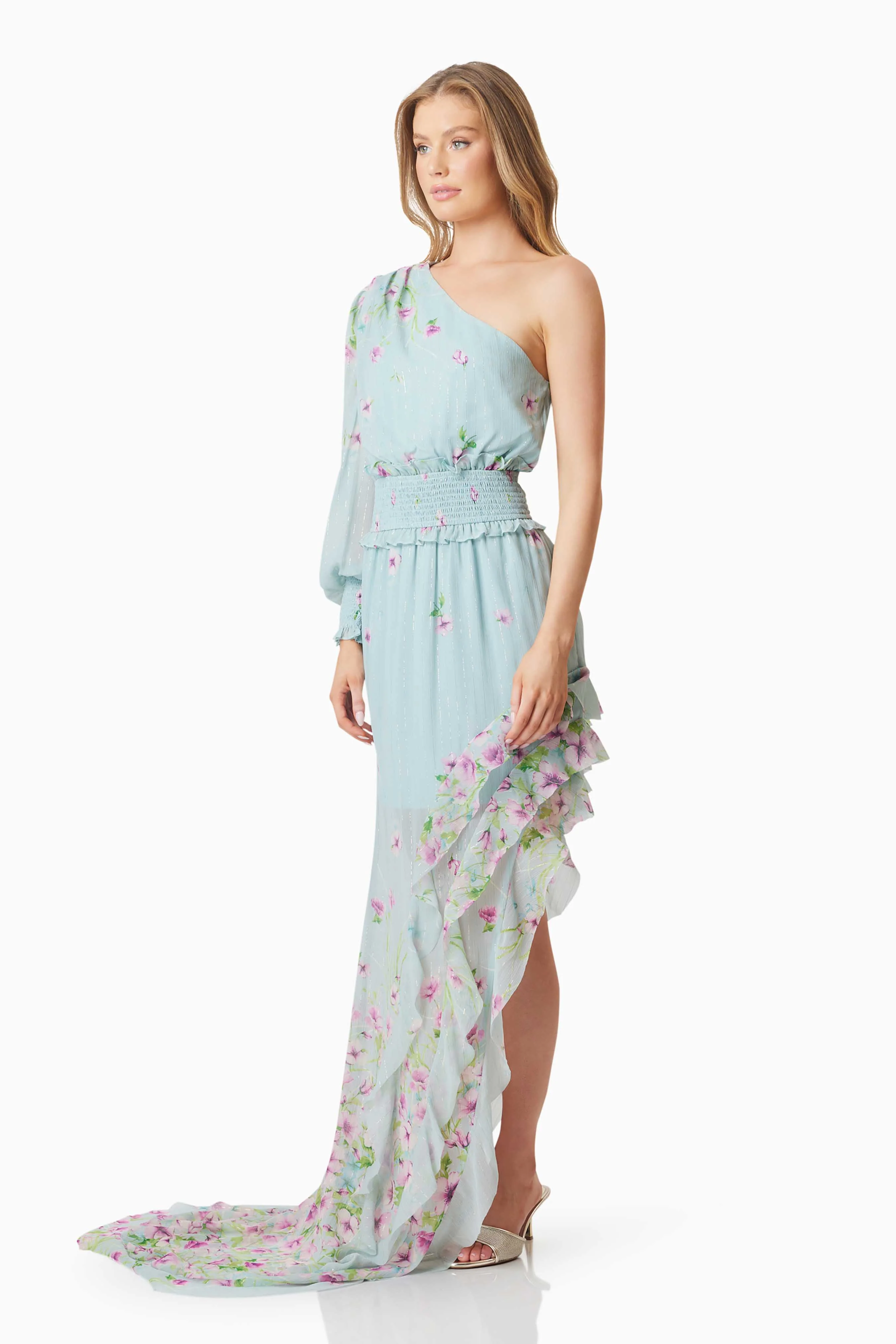 Quilla Hilo One Shoulder Maxi Gown In Blue