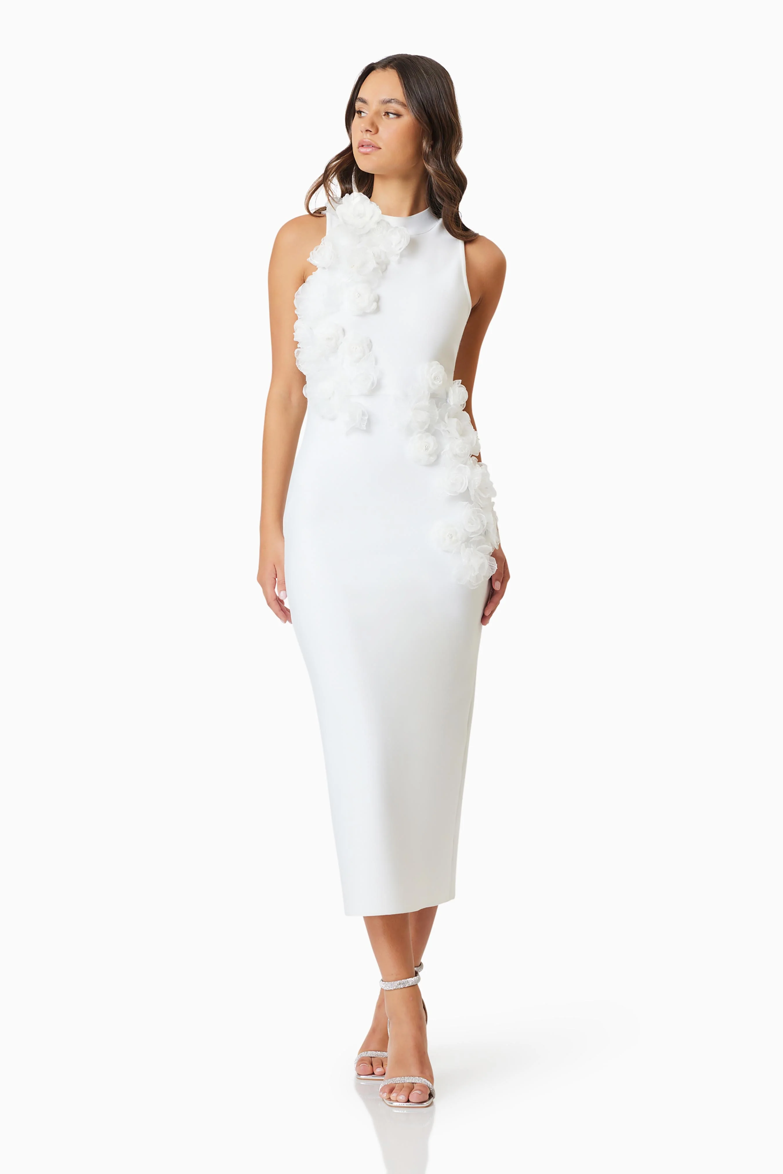 OMR x ELLIATT: Whitetail 3D Floral Midi Dress In White