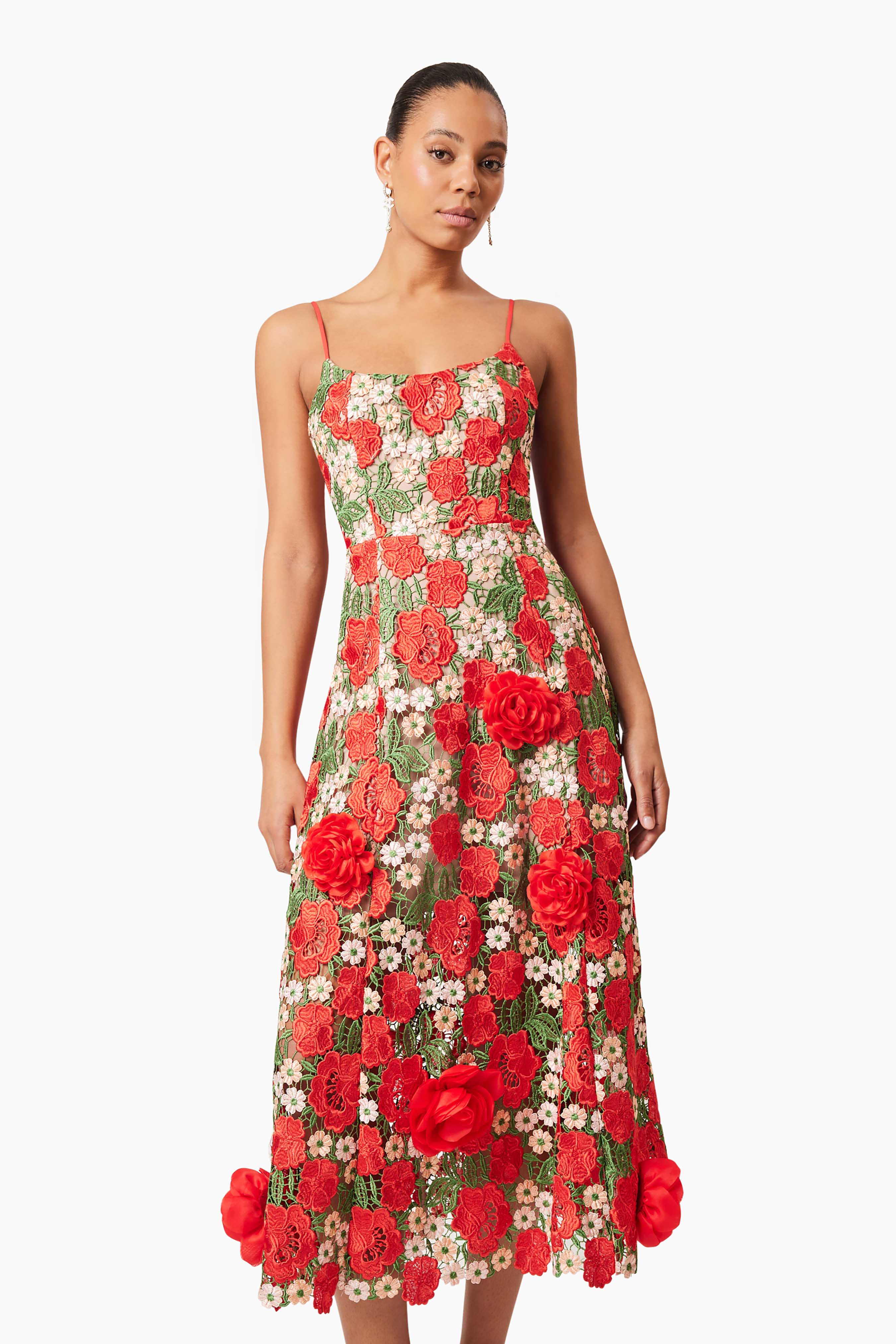 Roselyn Embroidered Midi Dress In Red