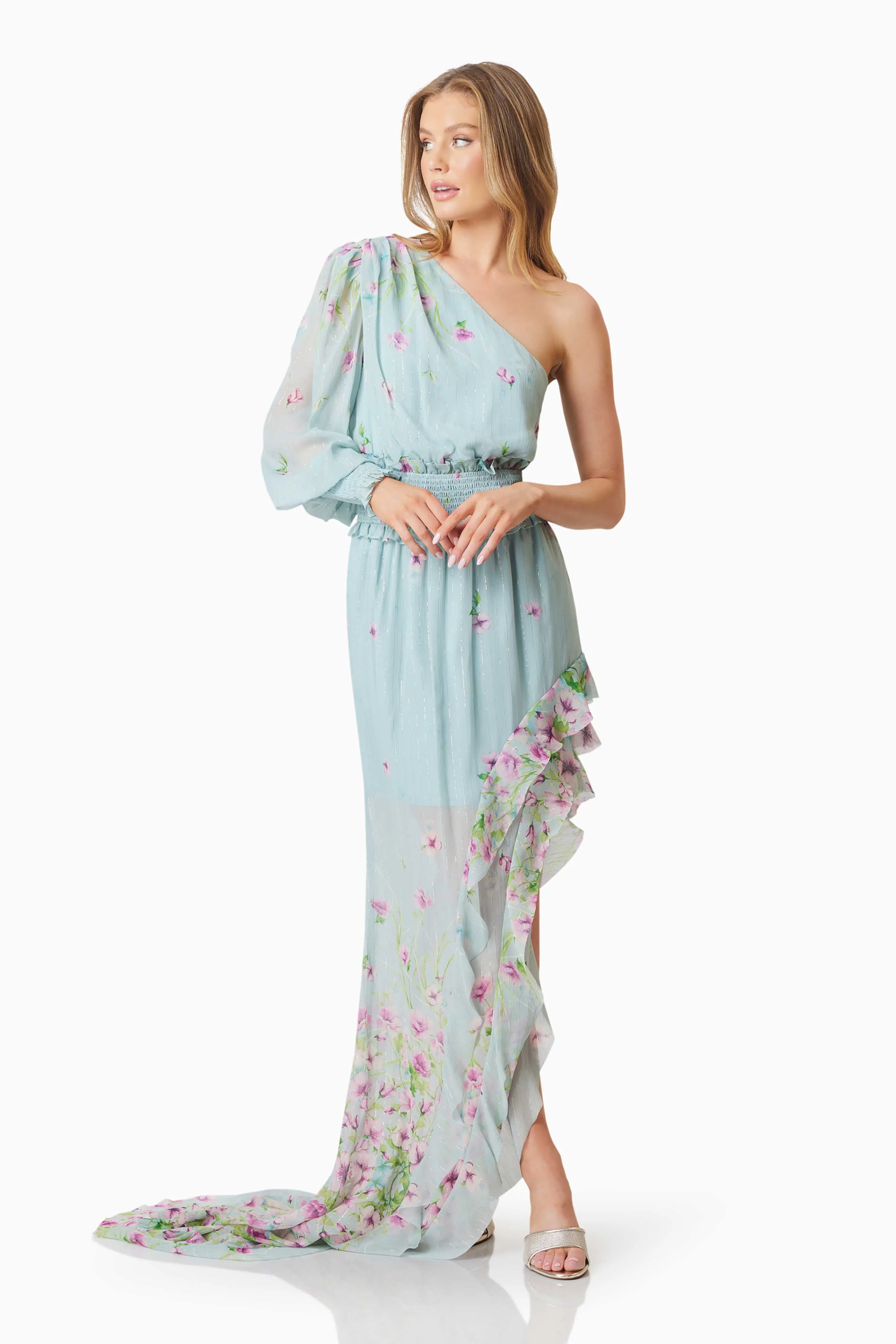 Quilla Hilo One Shoulder Maxi Gown In Blue