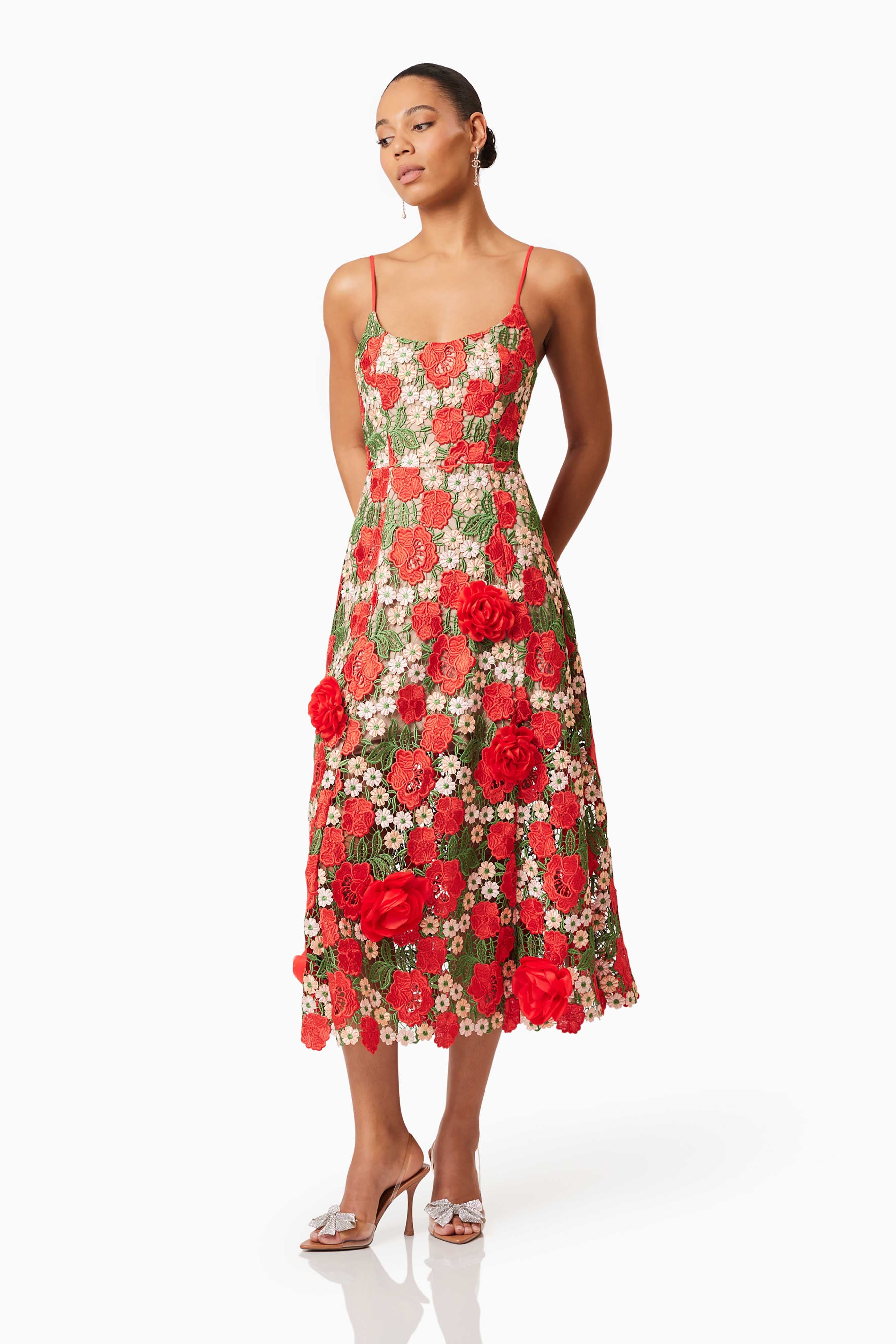 Roselyn Embroidered Midi Dress In Red