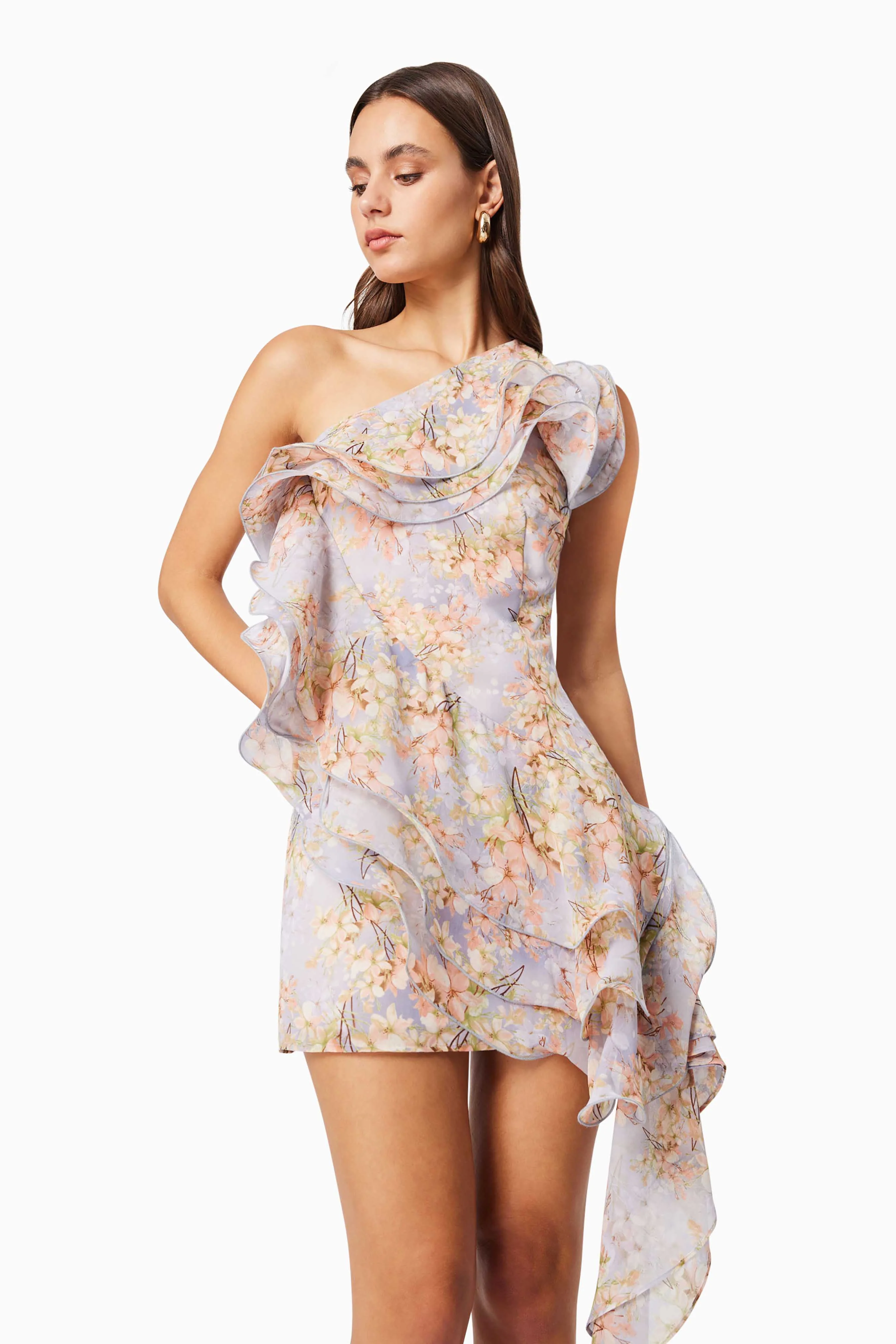 Sahara One Shoulder Floral Mini Dress in Purple