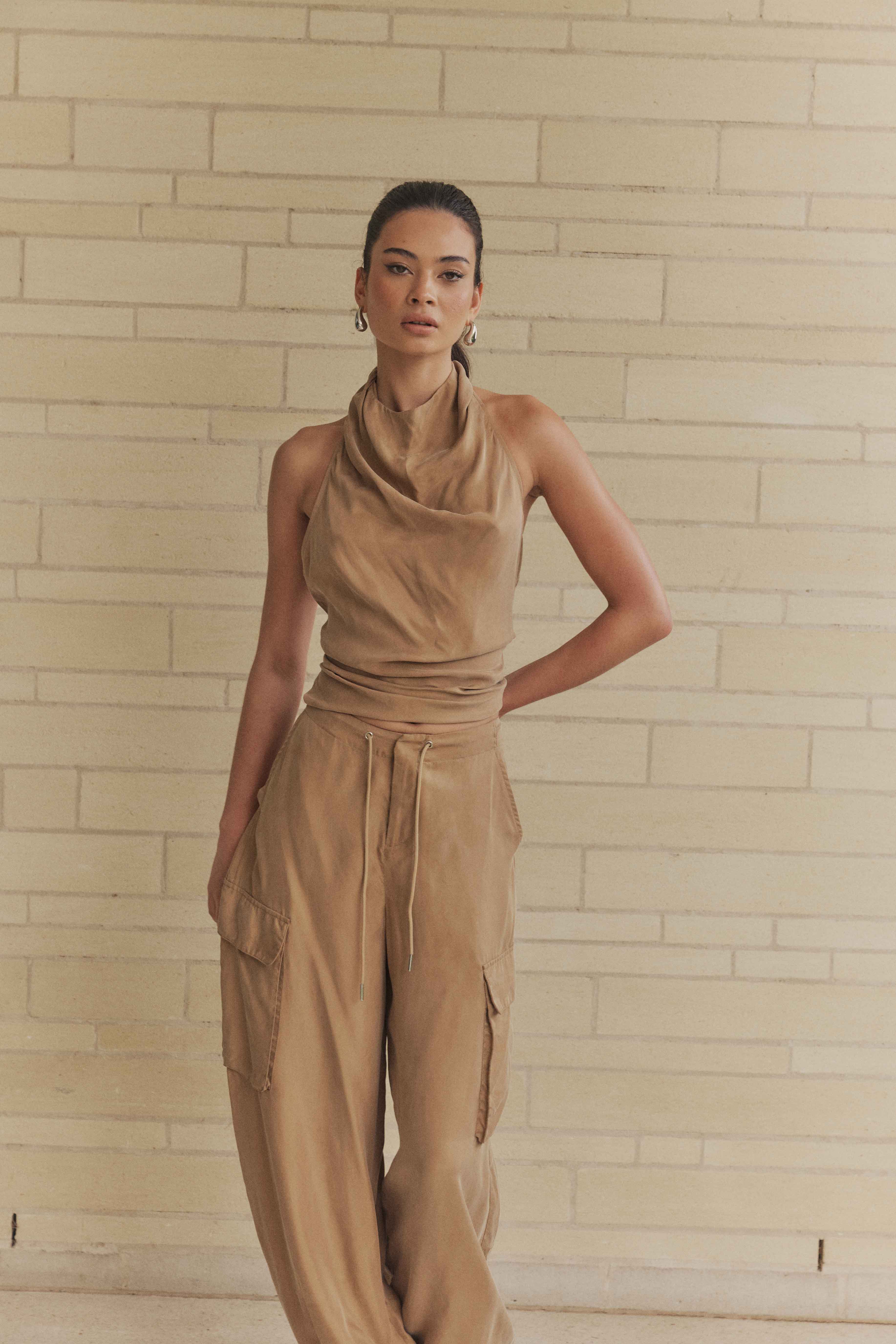 CURAAE Amber Tie Back Halter Cowl Neck Top in Beige