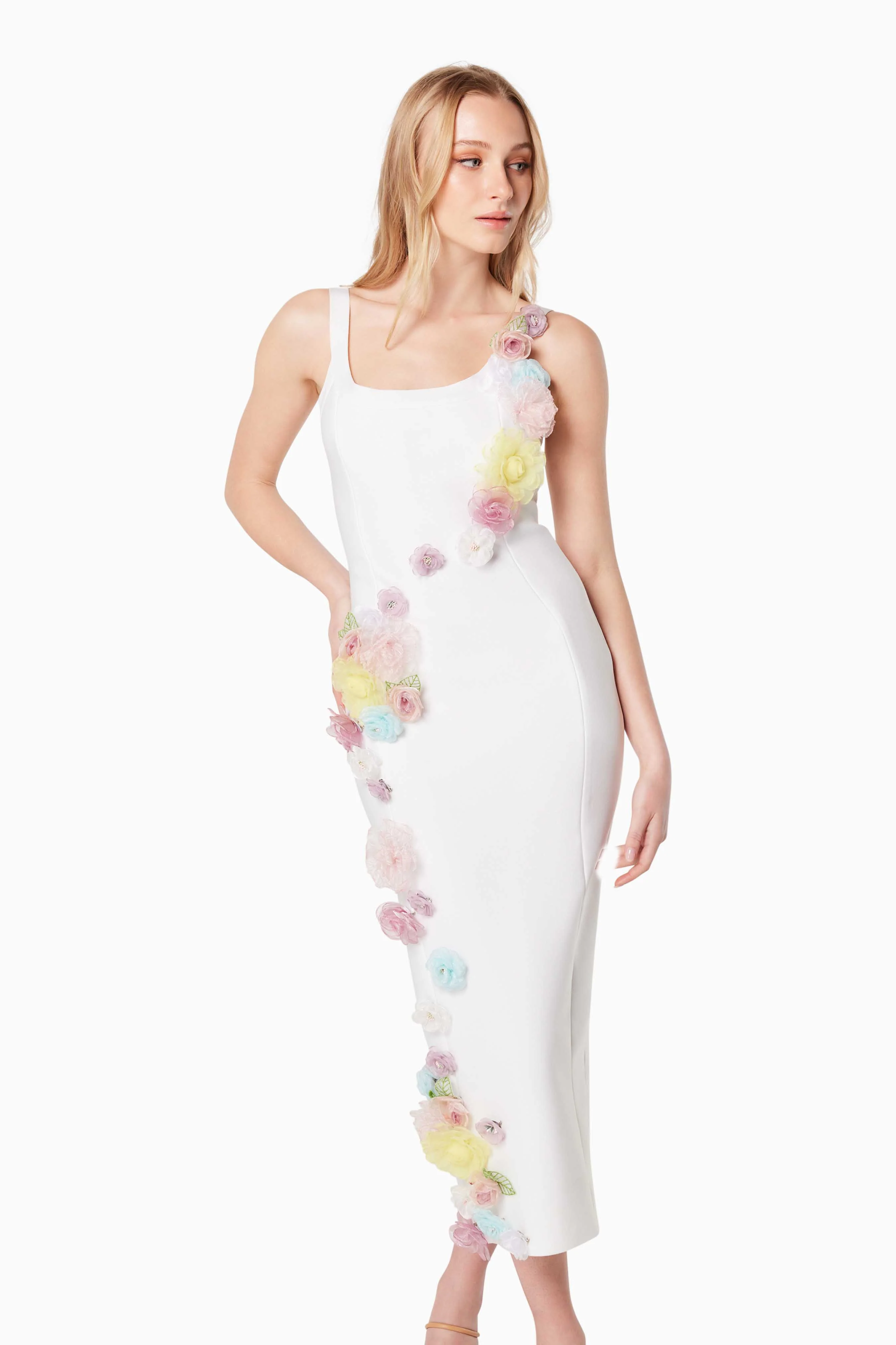 Motif 3D Floral Midi Dress In White