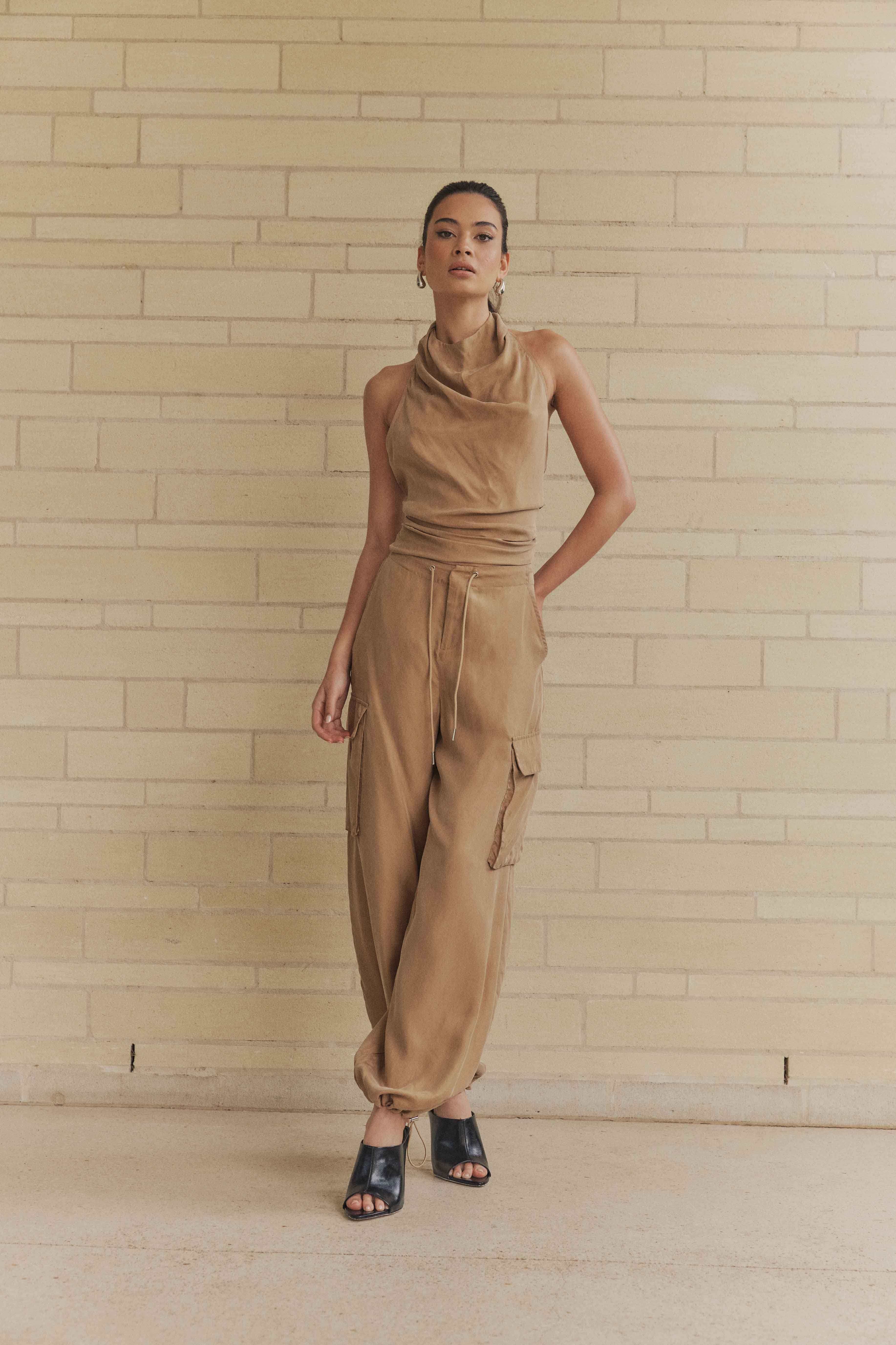 CURAAE Amber Tie Back Halter Cowl Neck Top in Beige