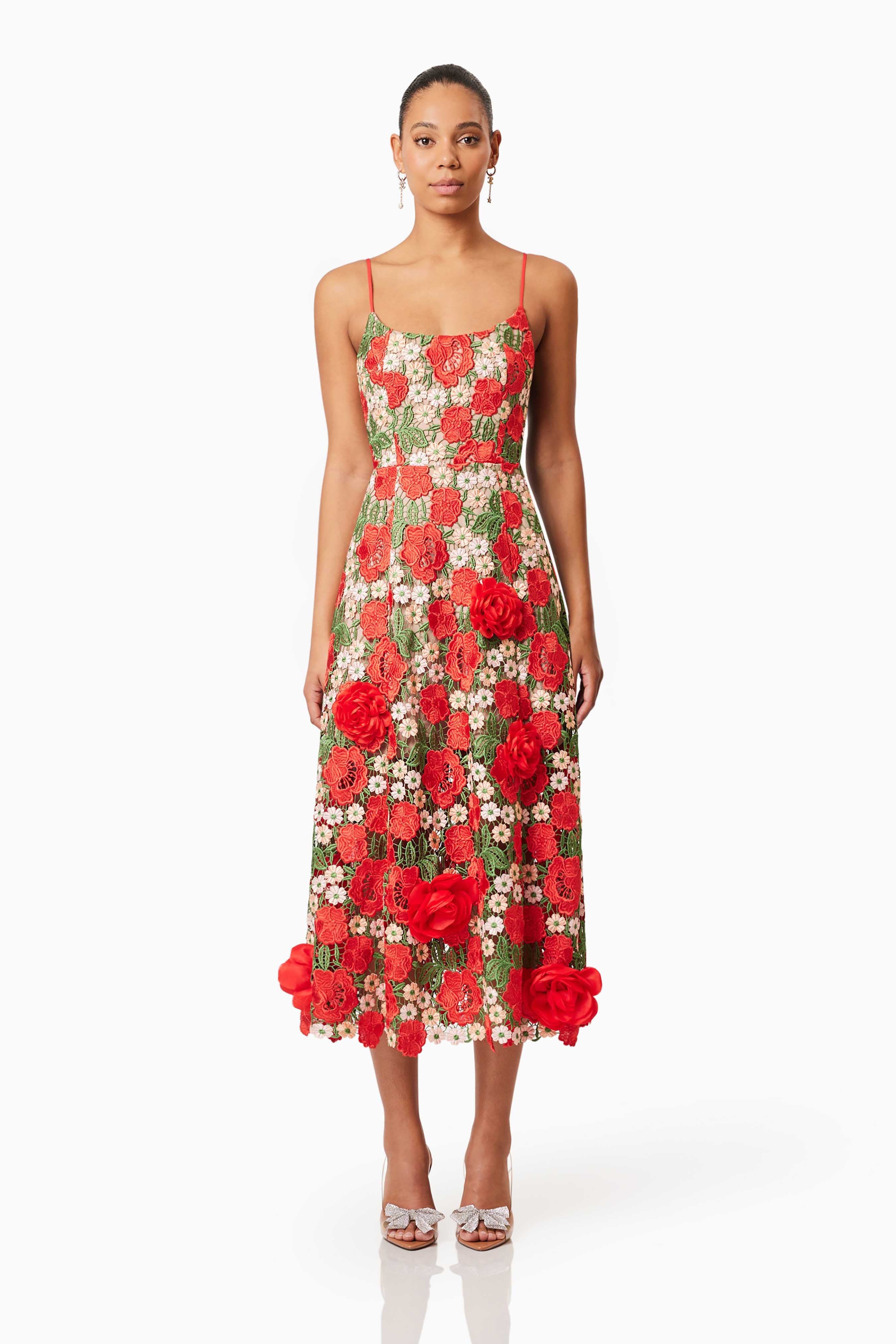 Roselyn Embroidered Midi Dress In Red
