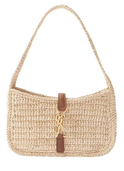 Leather-trimmed raffia shoulder bag