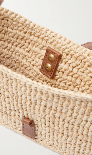 Leather-trimmed raffia shoulder bag