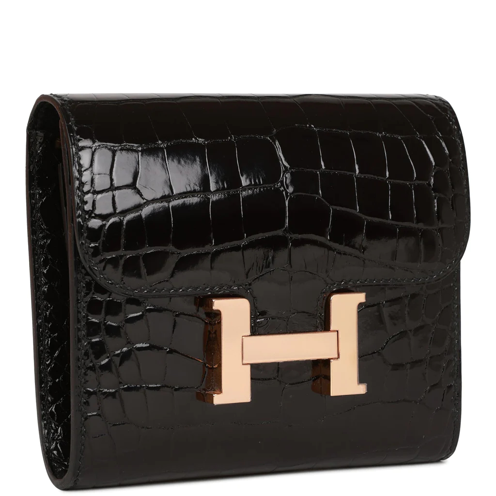 HE&&ME Constance Compact Wallet Black Shiny Alligator Rose Gold Hardware
