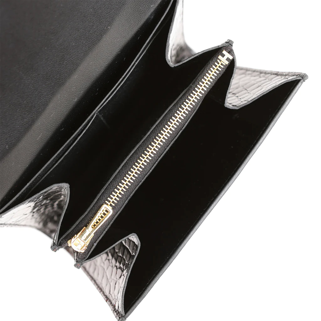 HE&&ME Constance Compact Wallet Black Shiny Alligator Rose Gold Hardware