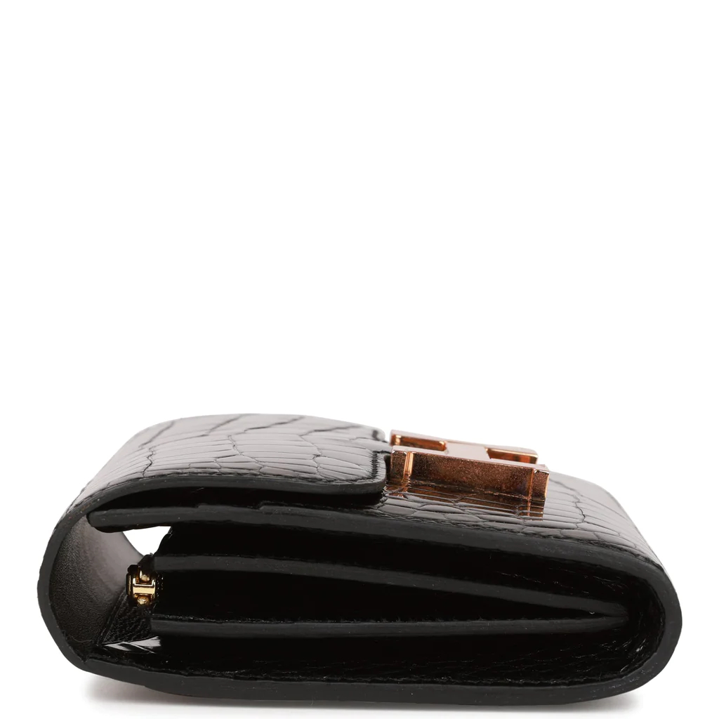 HE&&ME Constance Compact Wallet Black Shiny Alligator Rose Gold Hardware