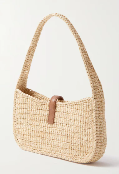 Leather-trimmed raffia shoulder bag