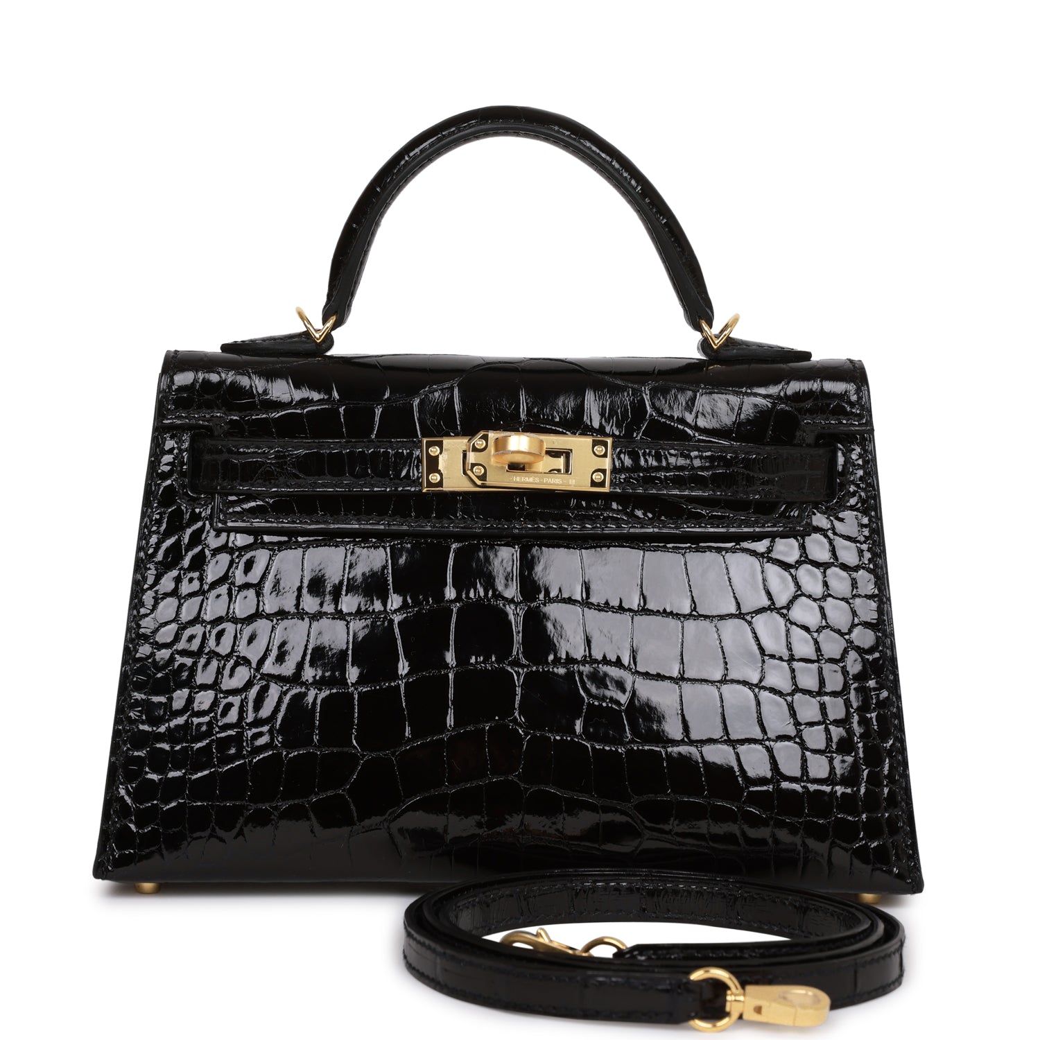 HE&&ME Kelly Sellier 20 Black Shiny Alligator Gold Hardware