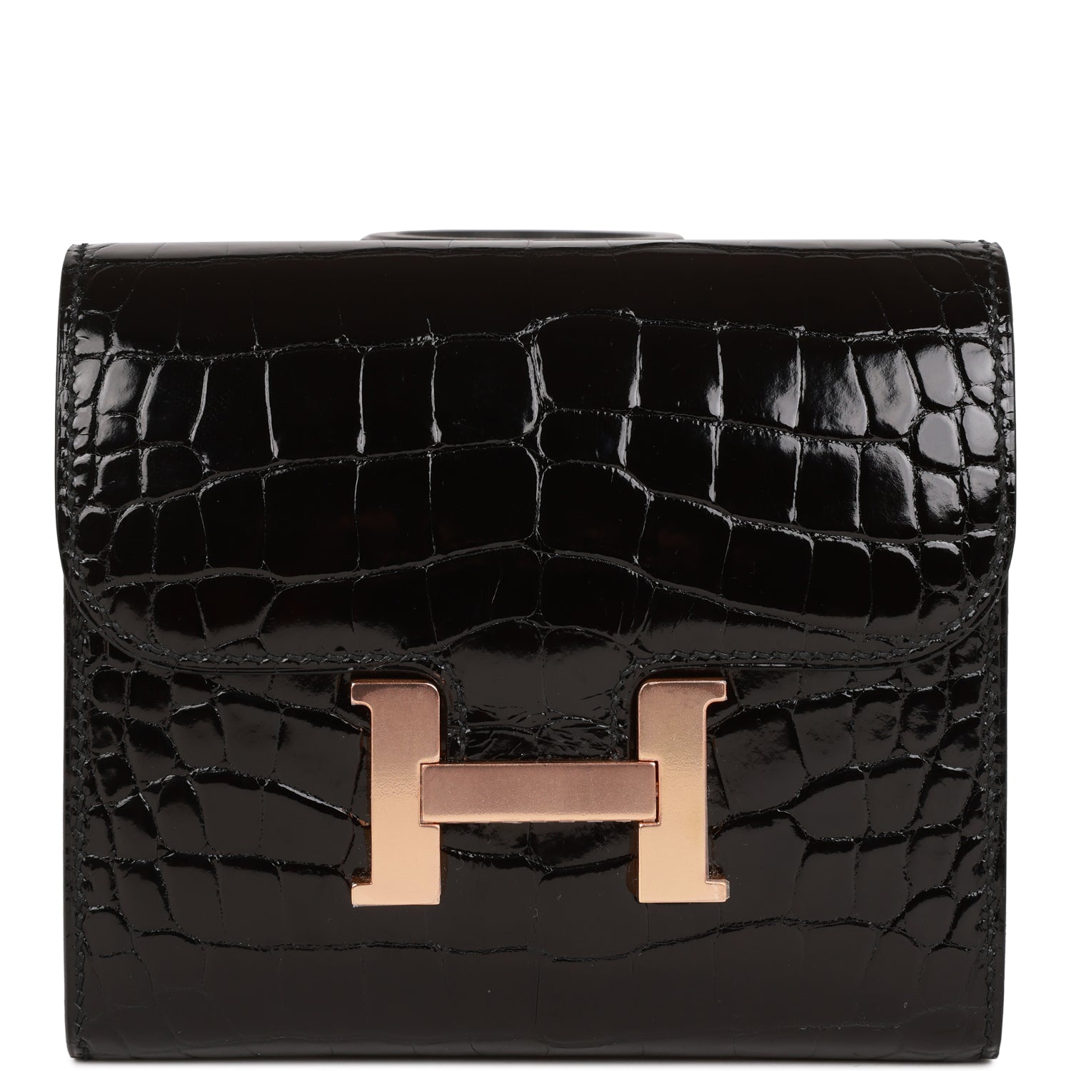 HE&&ME Constance Compact Wallet Black Shiny Alligator Rose Gold Hardware
