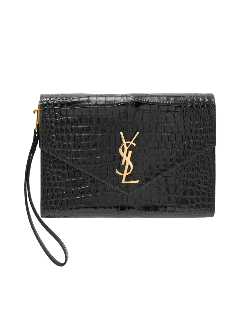 Shiny croc-effect leather clutch