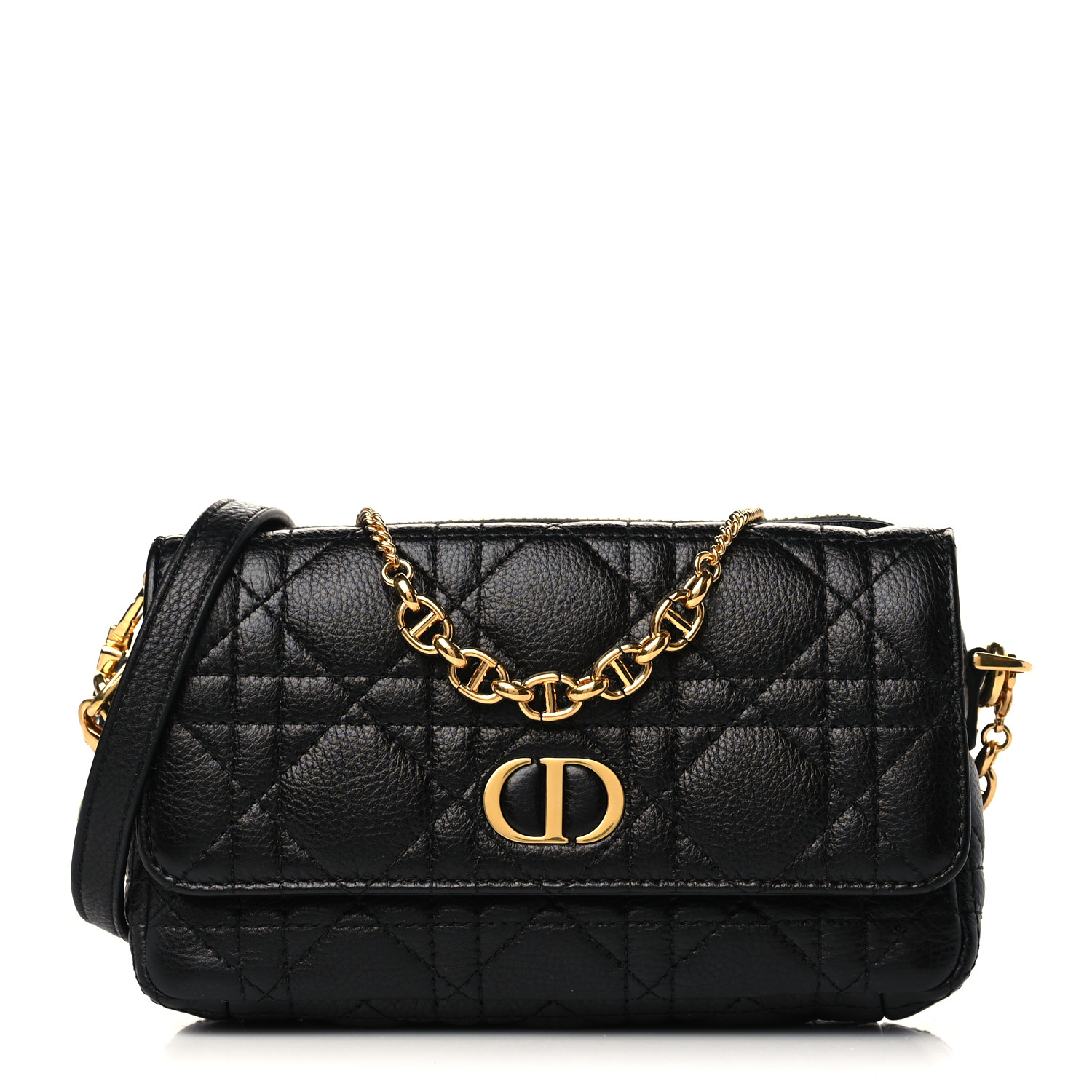 CHRISTIAN DIOR  Calfskin Cannage Caro Pouch with Chain Black