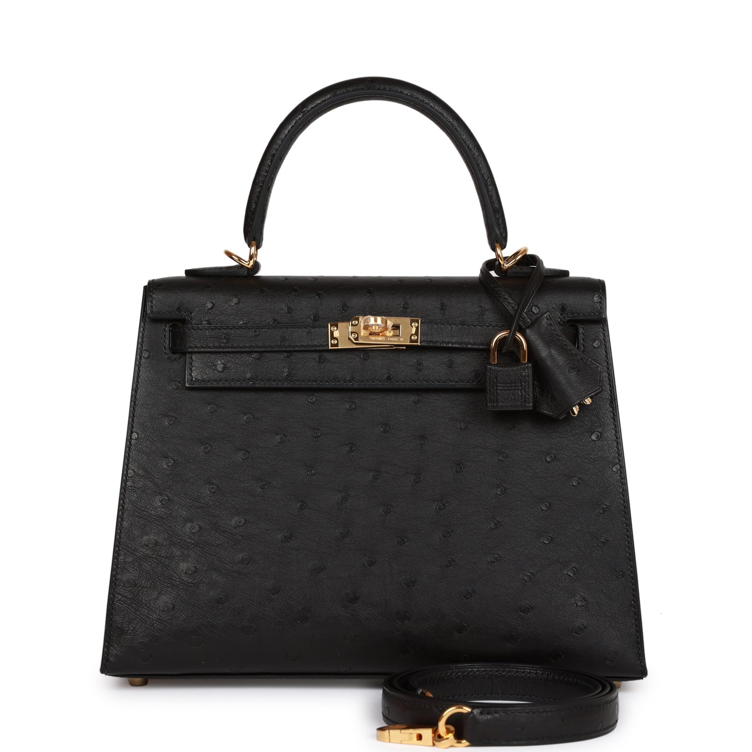 HE&&ME Kelly Sellier 25 Black Ostrich Gold Hardware