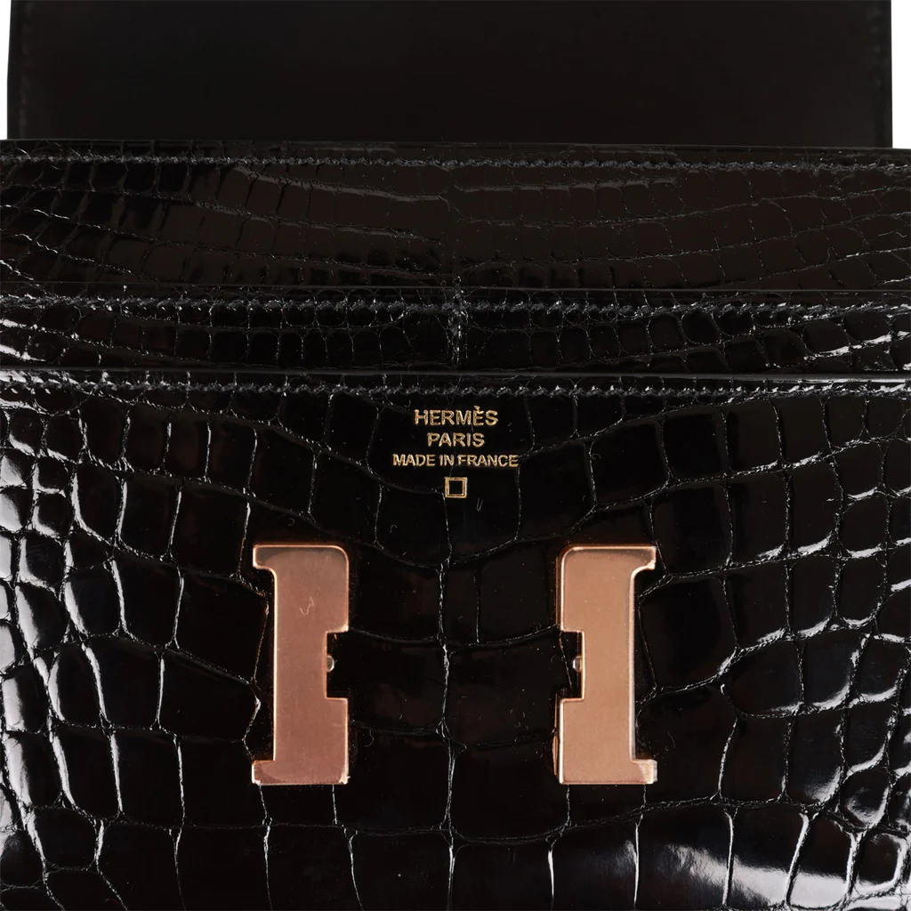 HE&&ME Constance Compact Wallet Black Shiny Alligator Rose Gold Hardware