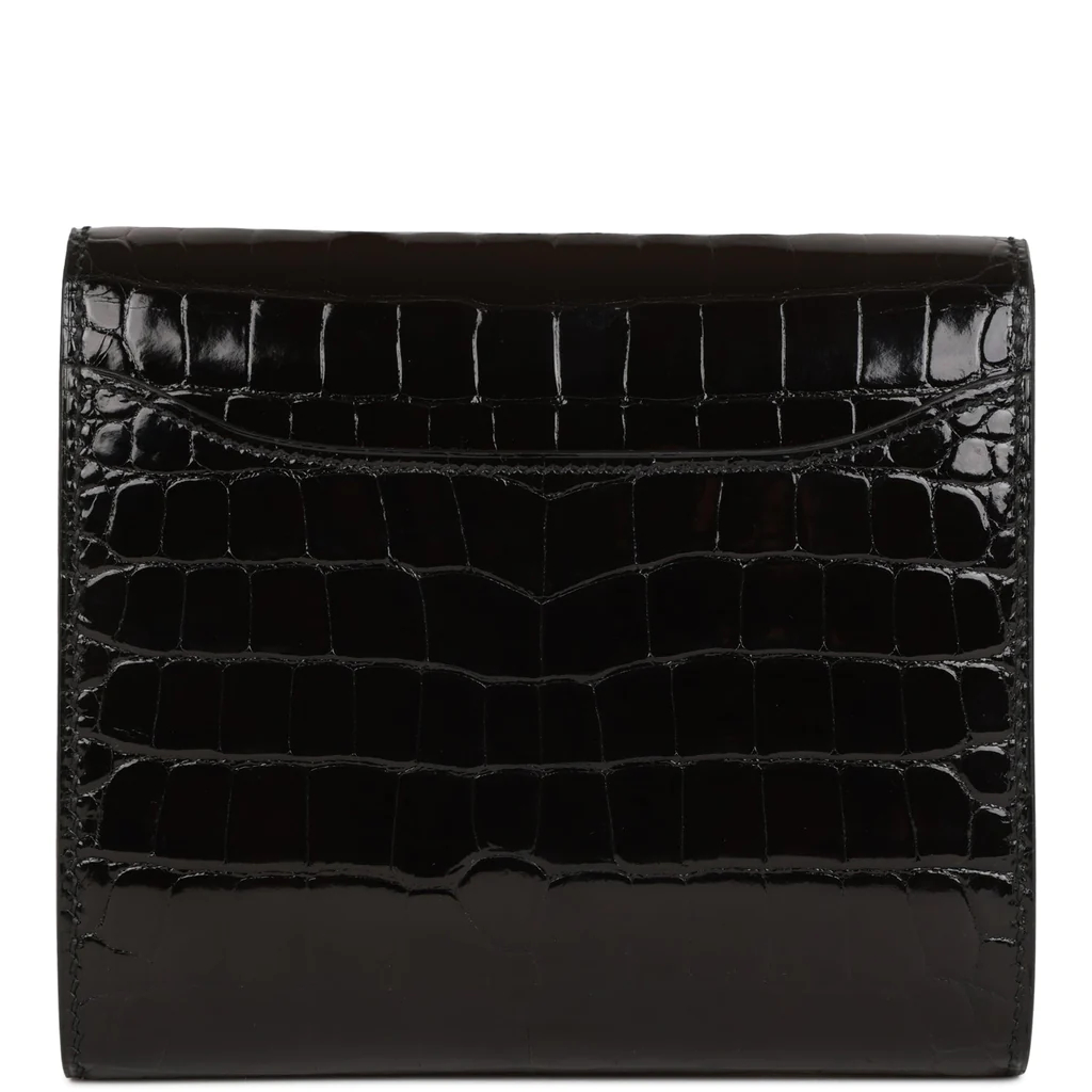 HE&&ME Constance Compact Wallet Black Shiny Alligator Rose Gold Hardware