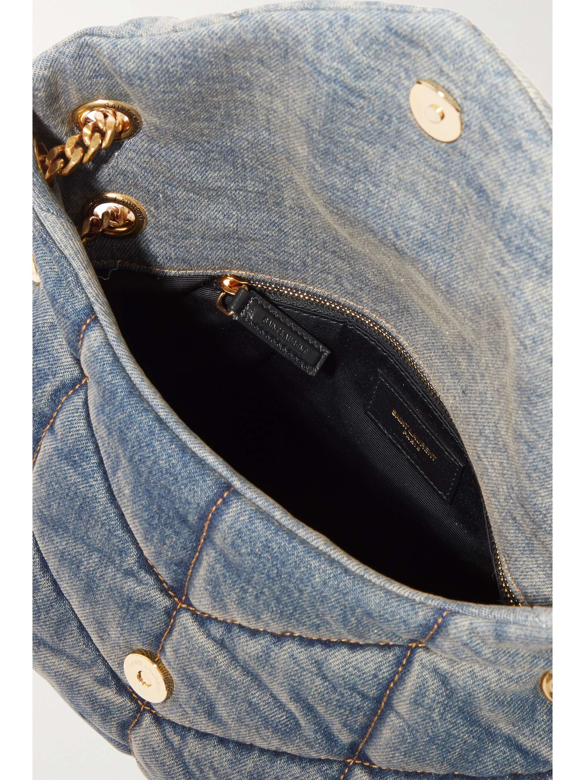 Puffer small suede-trimmed quilted denim shoulder bag